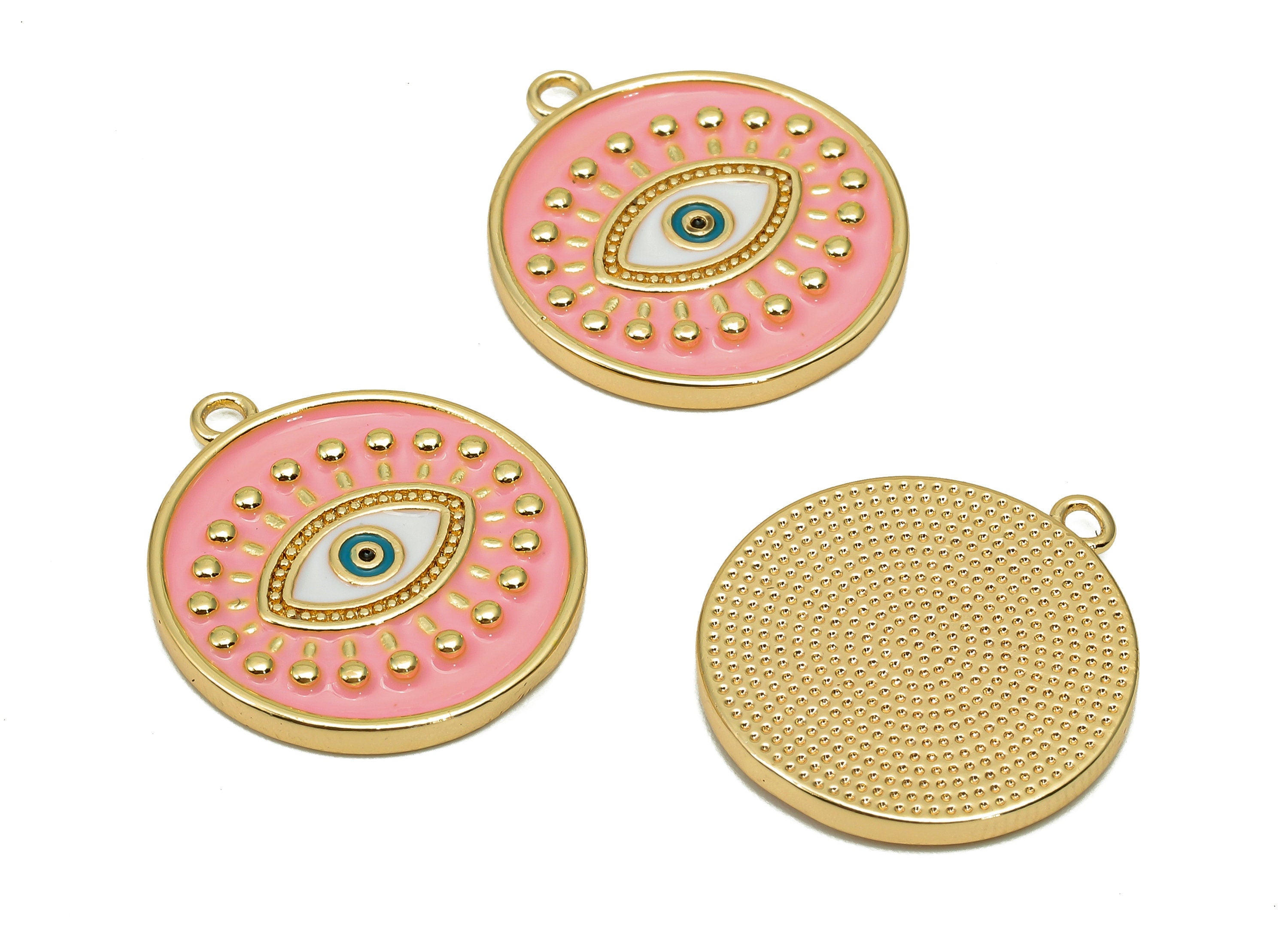 Brass Round Eyelash Pendant - Zircon Eye Pink Enamel Earring - Circle Dot Charm With Loop - 18K Real Gold Plating - 22.6x20.1x2.3mm-RGP5649C - DOMEDBAZAAR