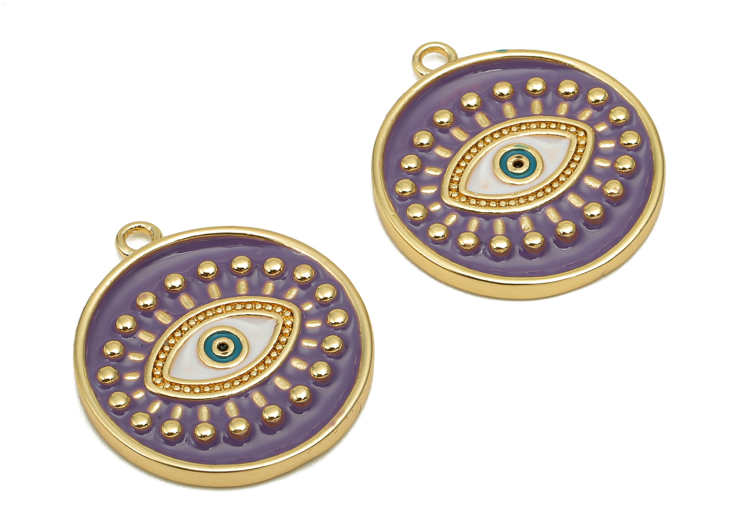 Brass Round Eyelash Pendant - Zircon Eye Purple Enamel Earring - Circle Dot Charm With Loop - 18K Real Gold Plating-22.6x20.1x2.3mm-RGP5649A - DOMEDBAZAAR