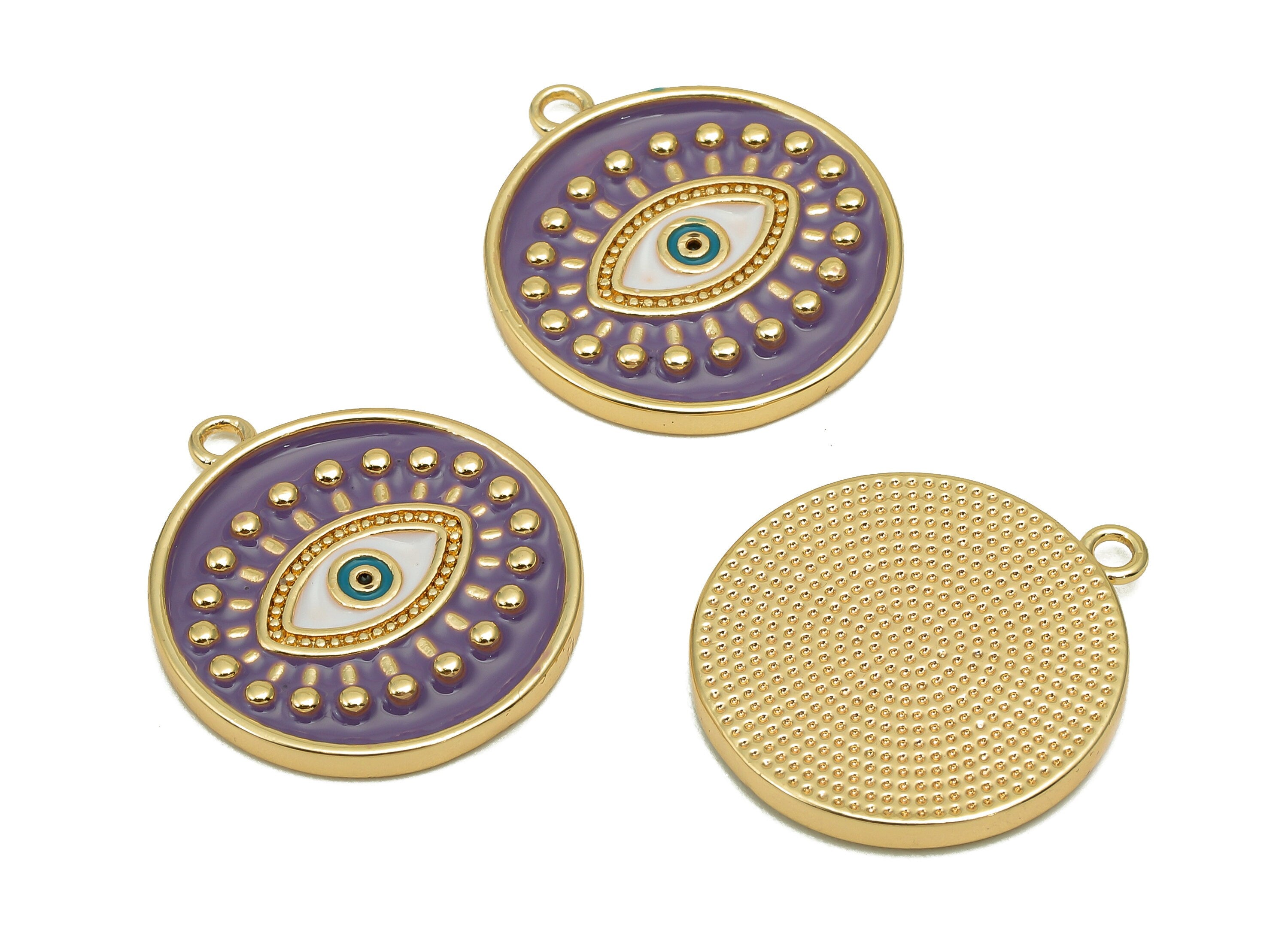 Brass Round Eyelash Pendant - Zircon Eye Purple Enamel Earring - Circle Dot Charm With Loop - 18K Real Gold Plating-22.6x20.1x2.3mm-RGP5649A - DOMEDBAZAAR