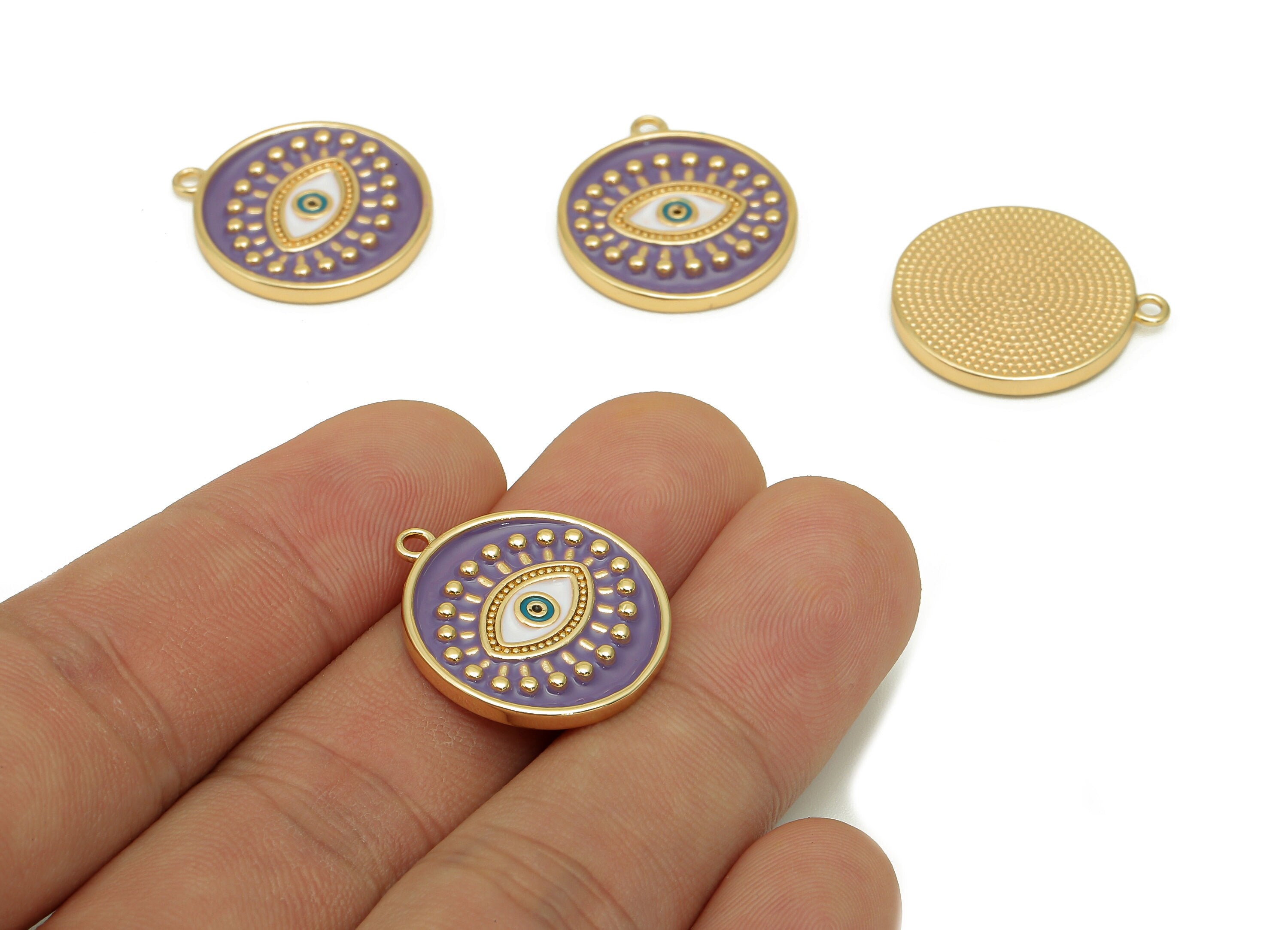 Brass Round Eyelash Pendant - Zircon Eye Purple Enamel Earring - Circle Dot Charm With Loop - 18K Real Gold Plating-22.6x20.1x2.3mm-RGP5649A - DOMEDBAZAAR