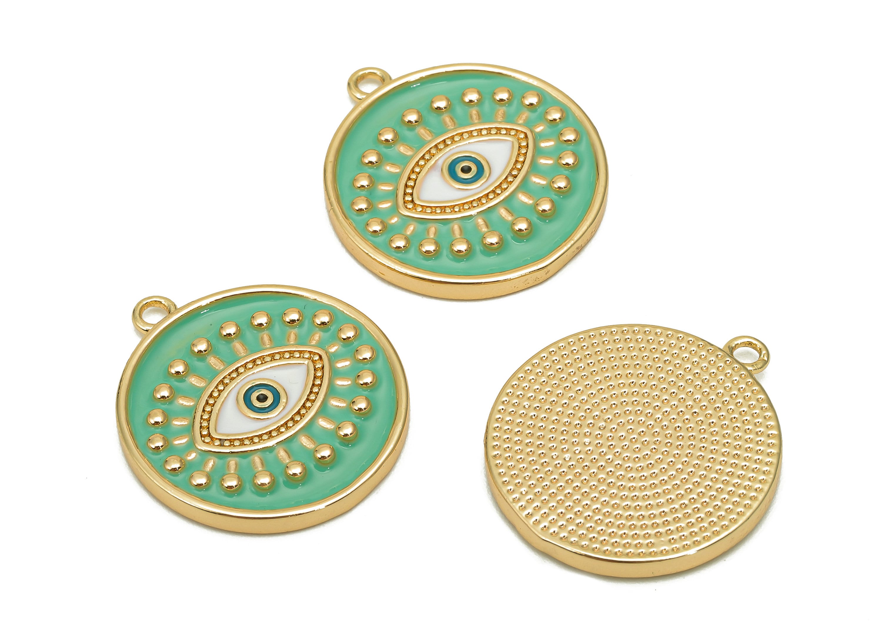 Brass Round Eyelash Pendant - Zircon Eye Light Green Enamel Earring - Dot Charm With Loop - 18K Real Gold Plating - 22.6x20.1x2.3mm-RGP5649B - DOMEDBAZAAR