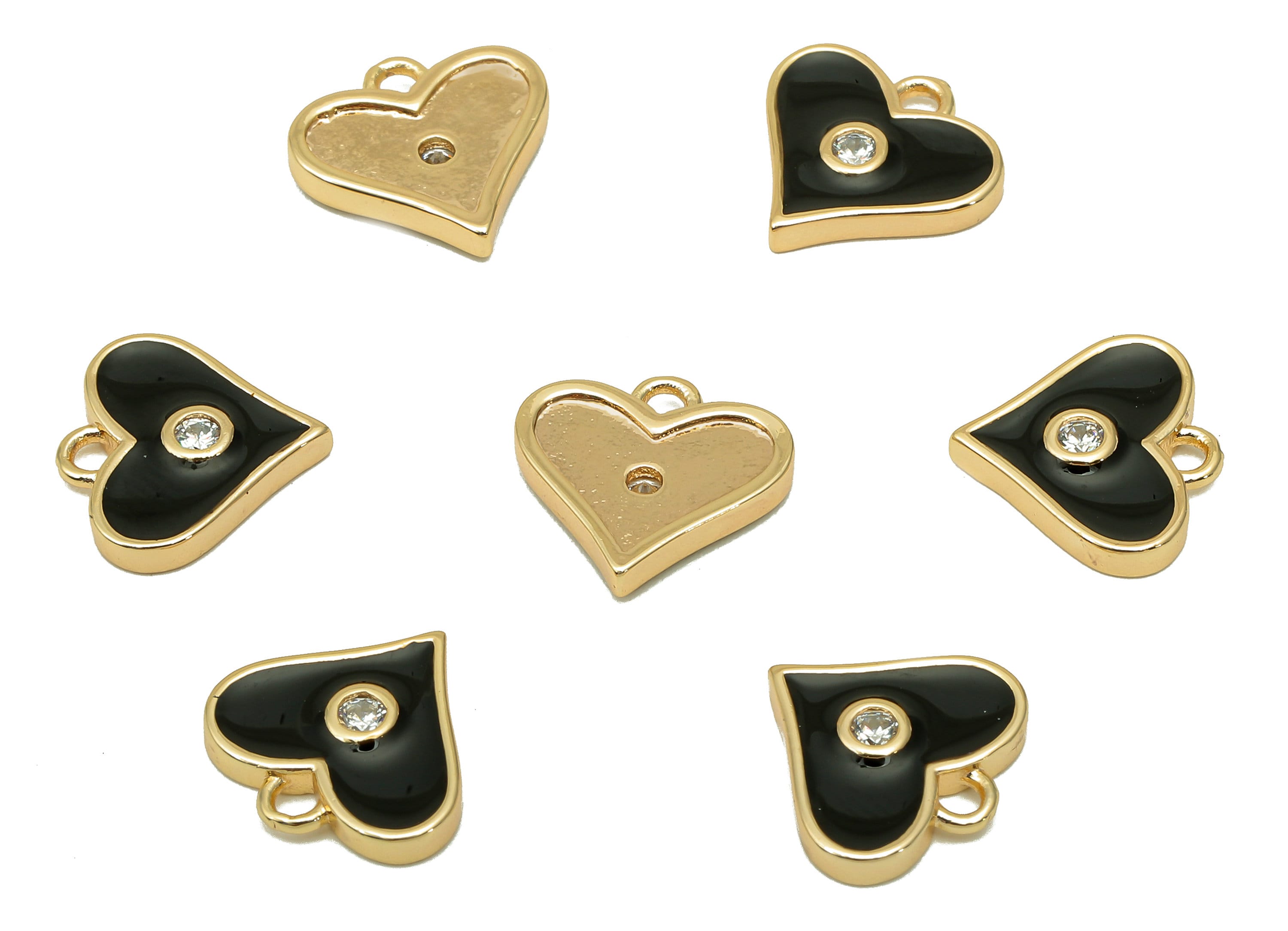 Brass Black Mini Heart Earring Charm - Zircon Dots Enamel Heart Earring - Pendant With Loop - 18K Real Gold Plating - 11.4x11.8x2mm-RGP5650A - DOMEDBAZAAR