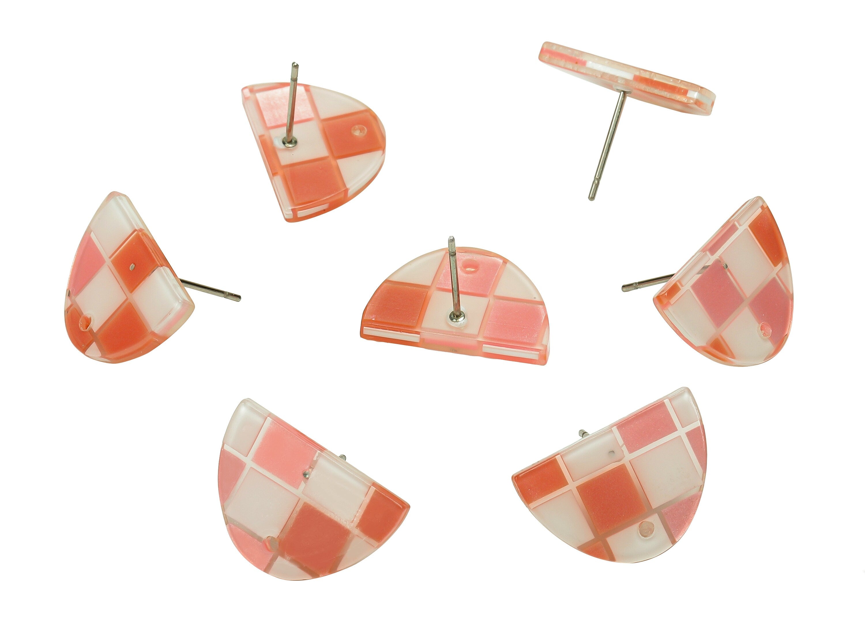 PVC Semicircle Stud Earring - Pink & White Checkered Post With Hole - 316 Stainless Steel - Color Code: A856 - 18.4x12.6x2.3mm - AC2529-A856 - DOMEDBAZAAR