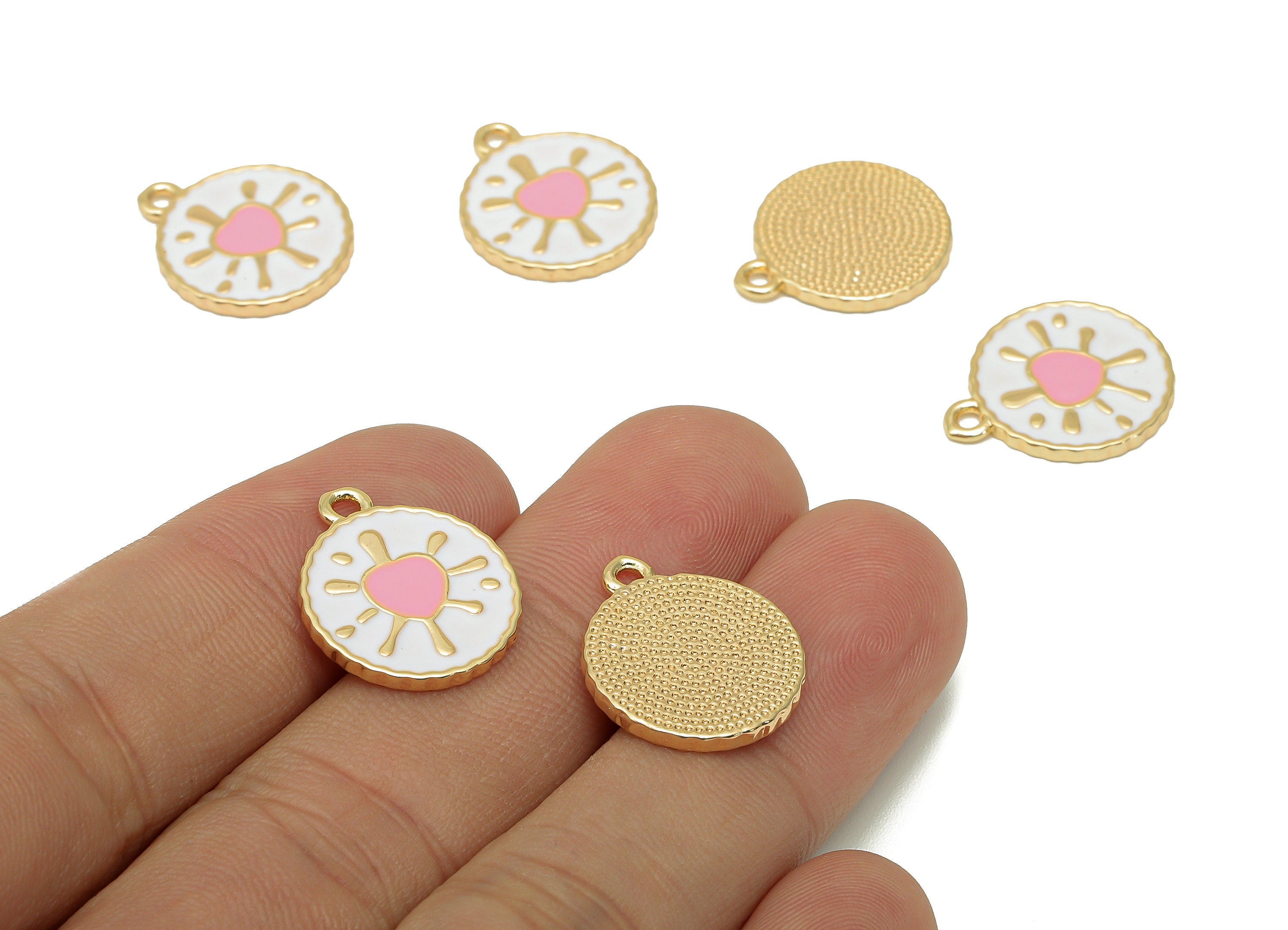 Brass Round Splash Heart Earring - Enamel White & Pink Dot Charm - Spot Pendant With Loop - 18K Real Gold Plating - 18.7x15.9x1.6mm-RGP5651A - DOMEDBAZAAR