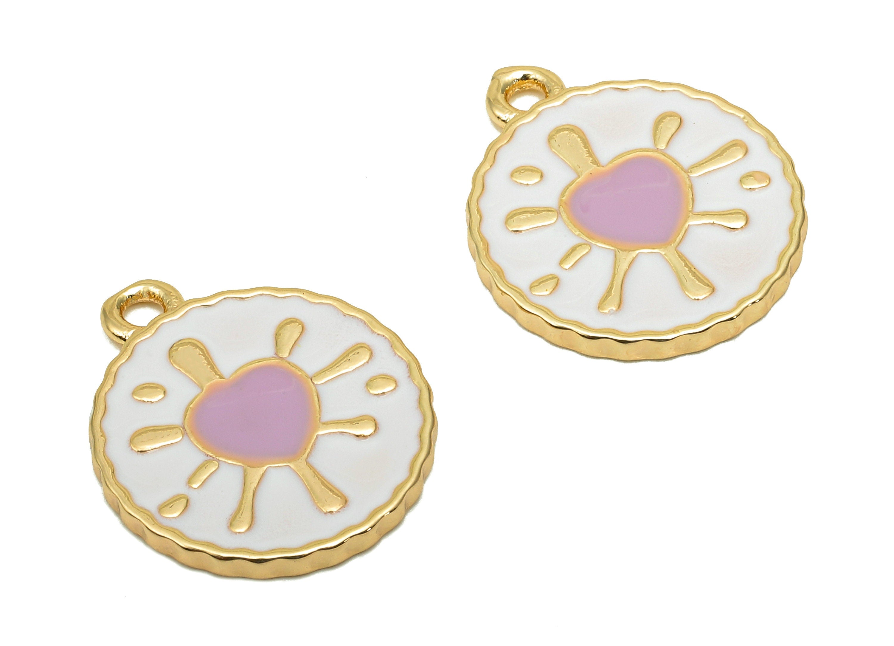 Brass Round Splash Heart Earring - Enamel White & Purple Dot Charm - Spot Pendant With Loop - 18K Real Gold Plating-18.7x15.9x1.6mm-RGP5651B - DOMEDBAZAAR