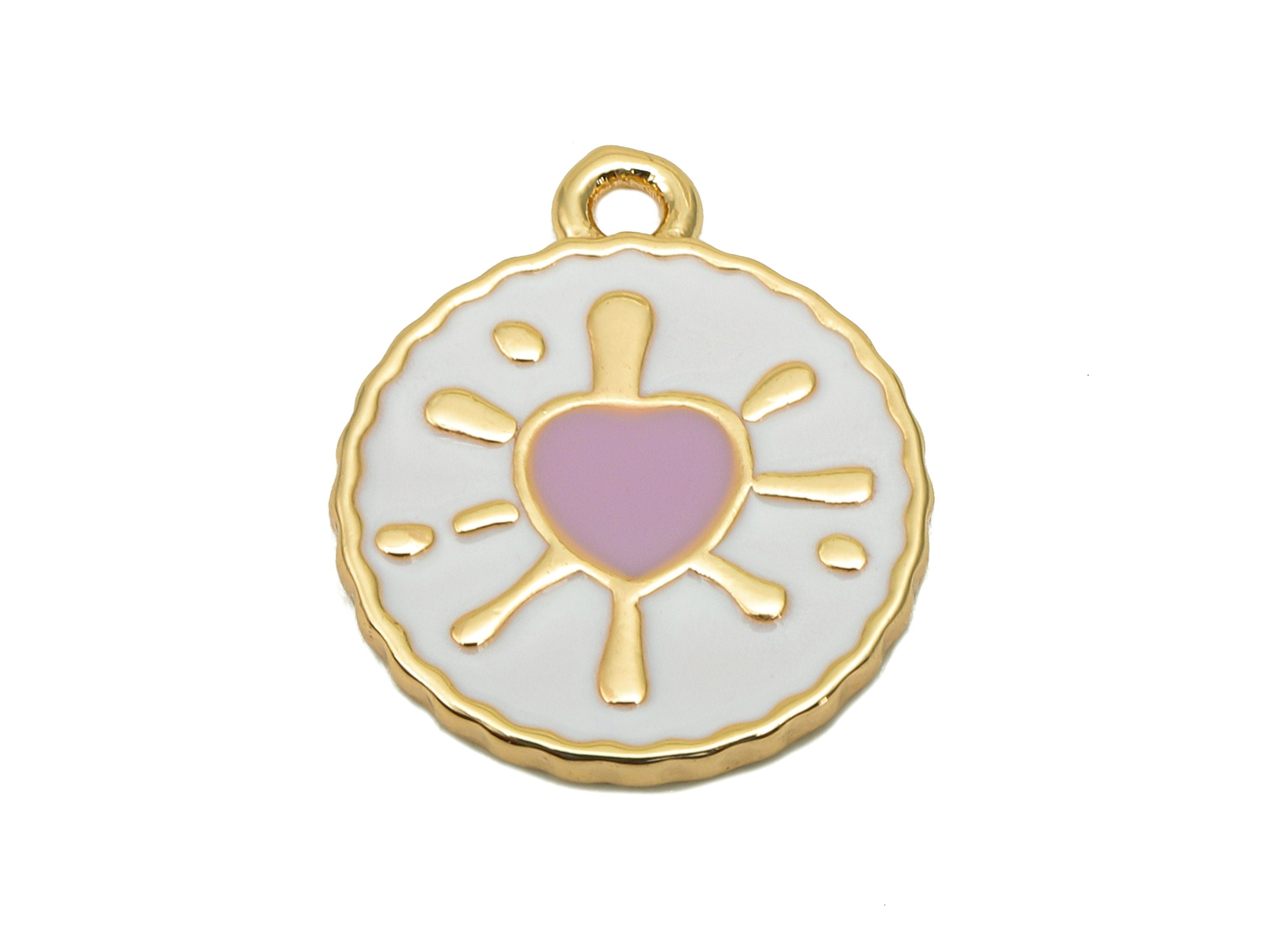 Brass Round Splash Heart Earring - Enamel White & Purple Dot Charm - Spot Pendant With Loop - 18K Real Gold Plating-18.7x15.9x1.6mm-RGP5651B - DOMEDBAZAAR