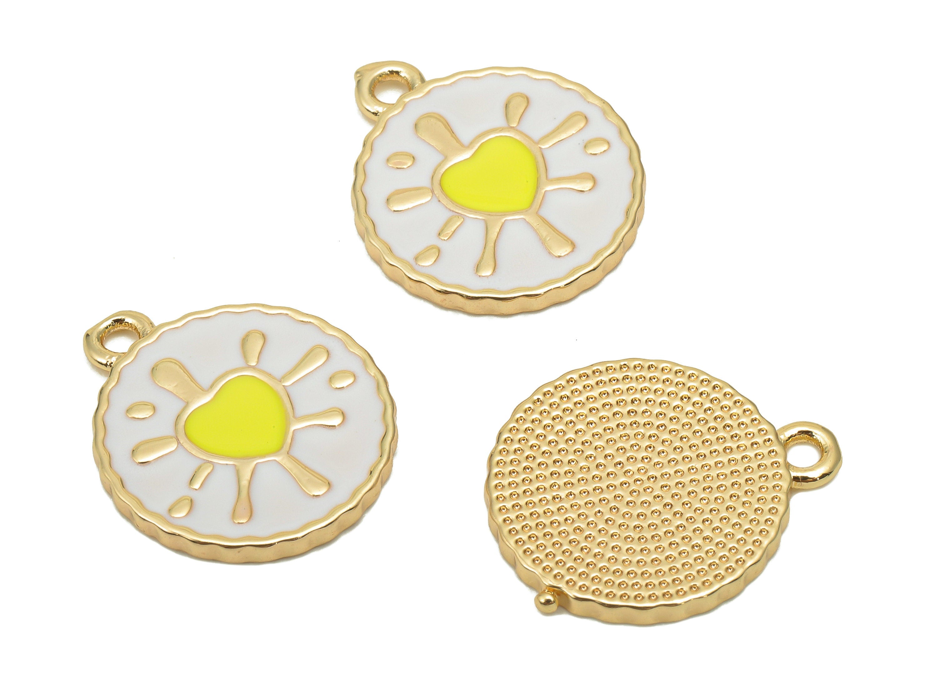 Brass Round Splash Heart Earring - Enamel White & Yellow Dot Charm - Spot Pendant With Loop - 18K Real Gold Plating-18.7x15.9x1.6mm-RGP5651C - DOMEDBAZAAR