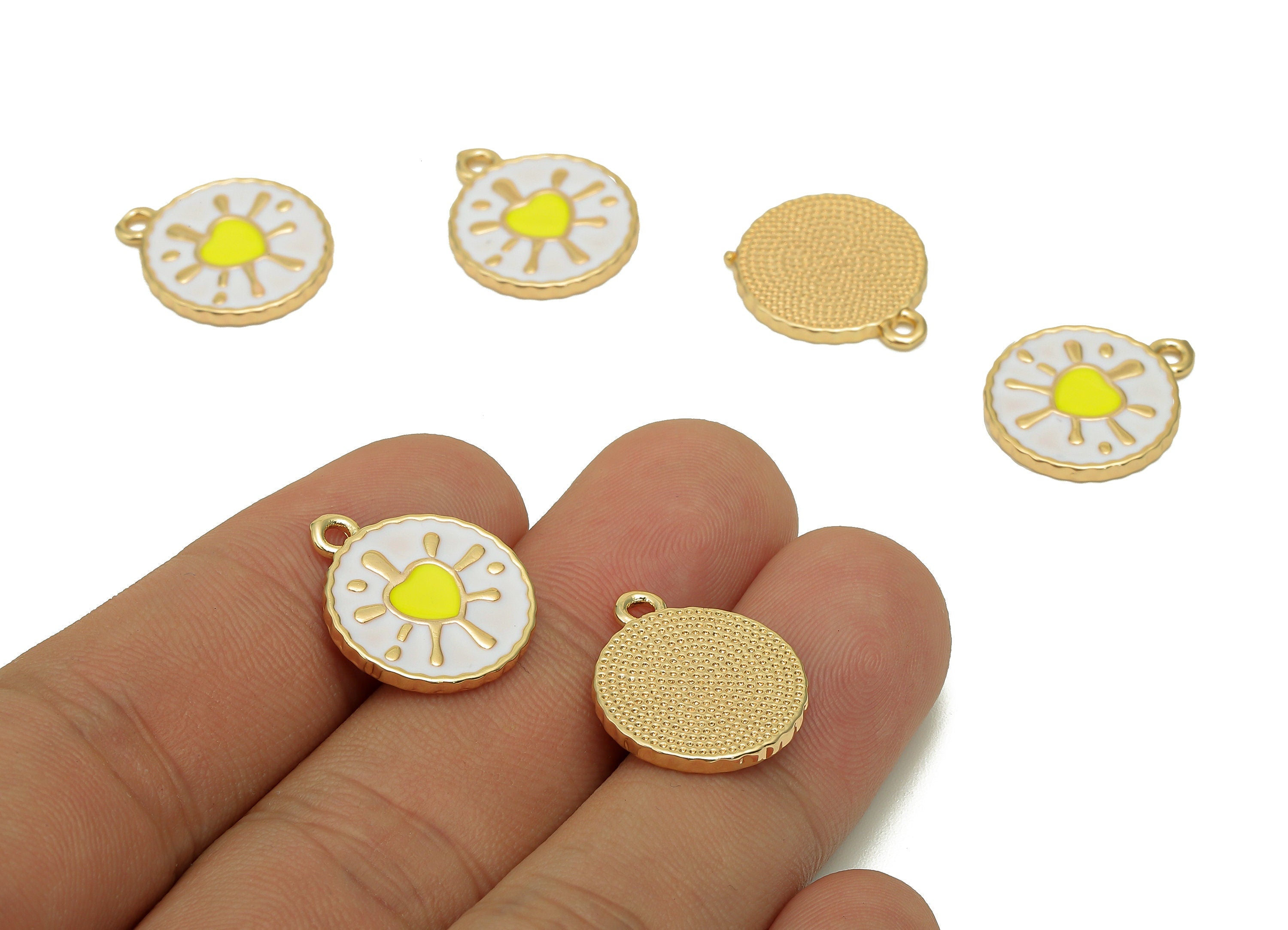 Brass Round Splash Heart Earring - Enamel White & Yellow Dot Charm - Spot Pendant With Loop - 18K Real Gold Plating-18.7x15.9x1.6mm-RGP5651C - DOMEDBAZAAR