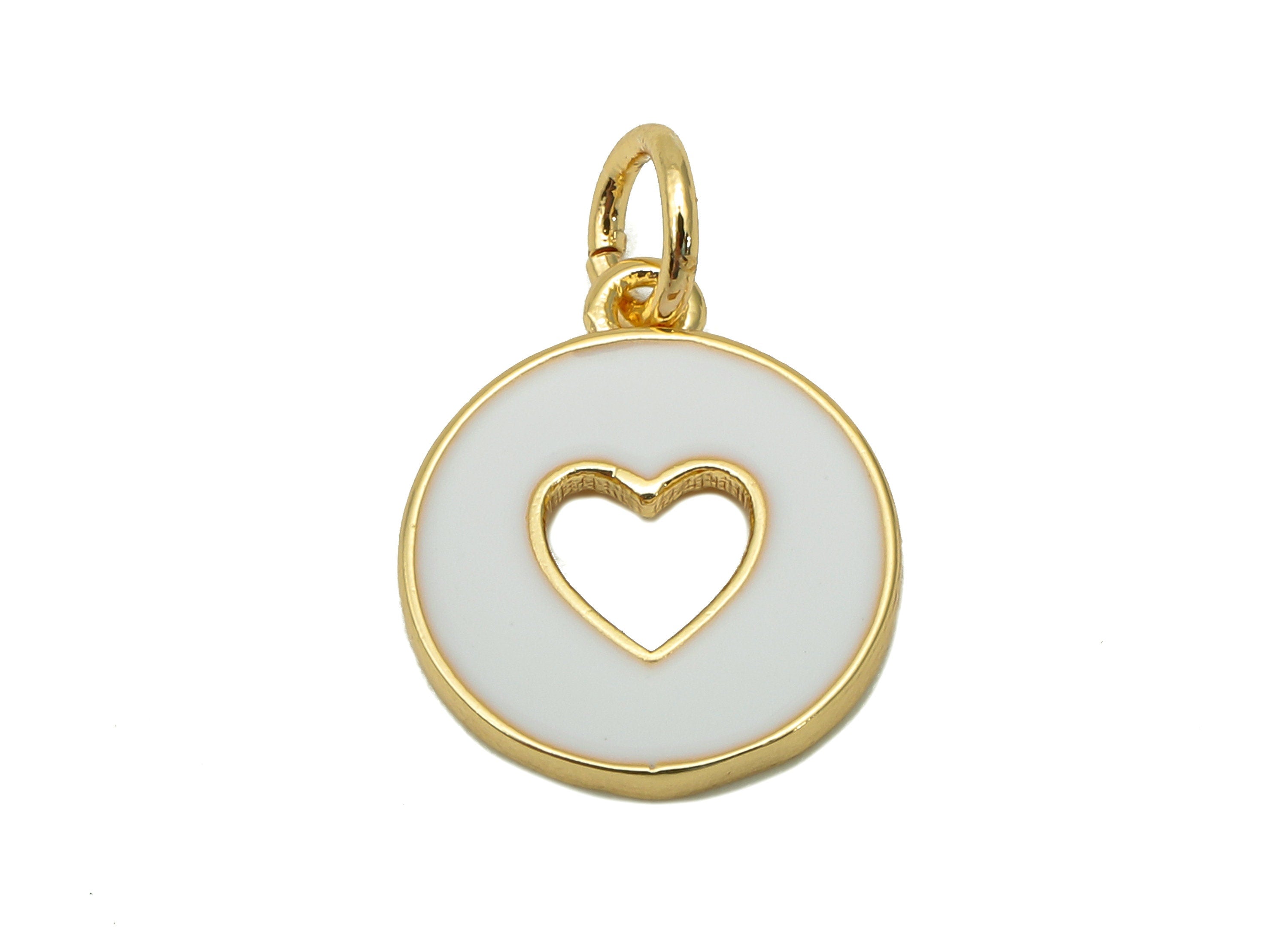 Brass Round Heart Hollow Earring - Enamel White Mini Circle Charm - Pendant With Loop - 18K Real Gold Plating - 17.4x11.9x1.6mm - RGP5652C - DOMEDBAZAAR