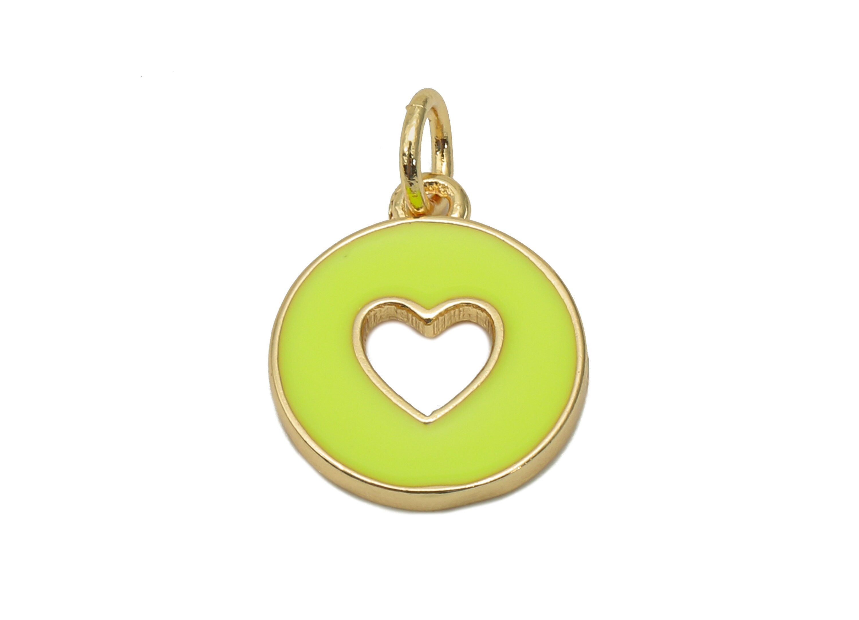 Brass Round Heart Hollow Earring - Enamel Yellow Mini Circle Charm - Pendant With Loop - 18K Real Gold Plating - 17.4x11.9x1.6mm - RGP5652H - DOMEDBAZAAR