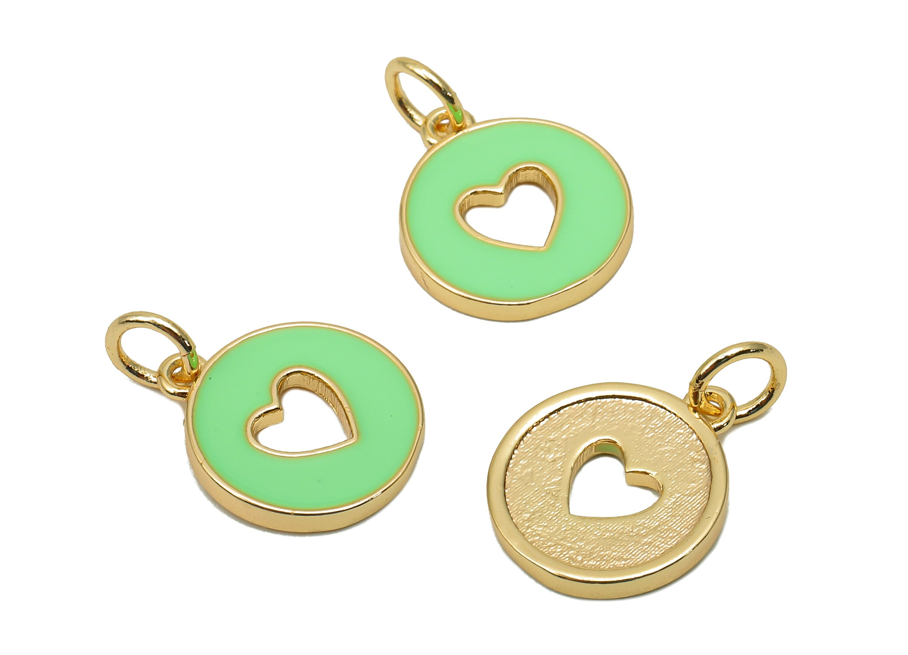 Brass Round Heart Hollow Earring - Enamel Light Green Circle Charm - Pendant With Loop - 18K Real Gold Plating - 17.4x11.9x1.6mm - RGP5652F - DOMEDBAZAAR