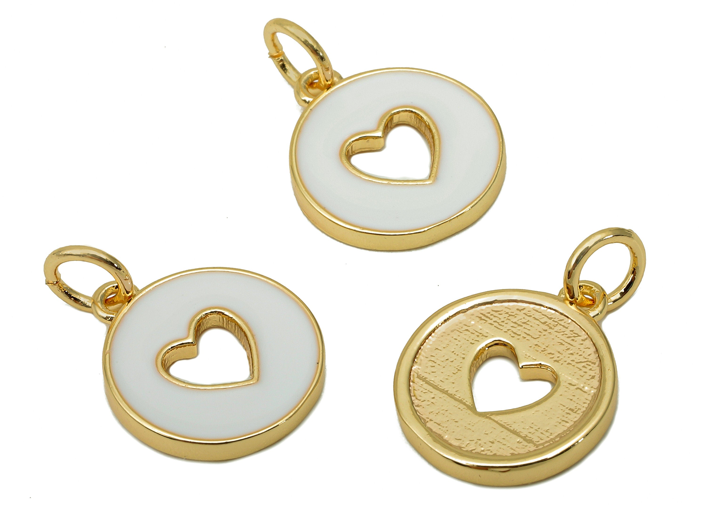 Brass Round Heart Hollow Earring - Enamel White Mini Circle Charm - Pendant With Loop - 18K Real Gold Plating - 17.4x11.9x1.6mm - RGP5652C - DOMEDBAZAAR