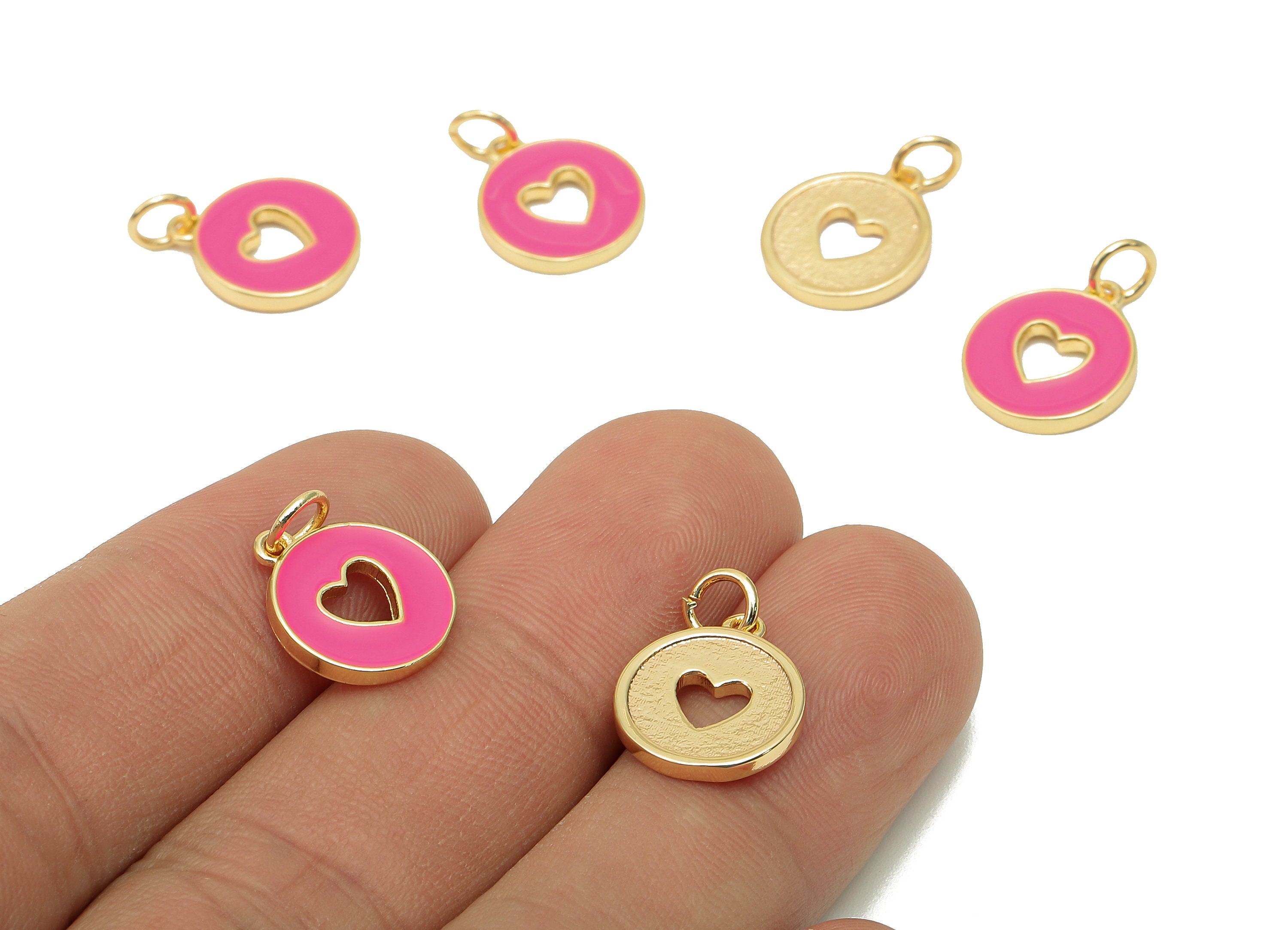 Brass Round Heart Hollow Earring - Enamel Pink Mini Circle Charm - Pendant With Loop - 18K Real Gold Plating - 17.4x11.9x1.6mm - RGP5652B - DOMEDBAZAAR