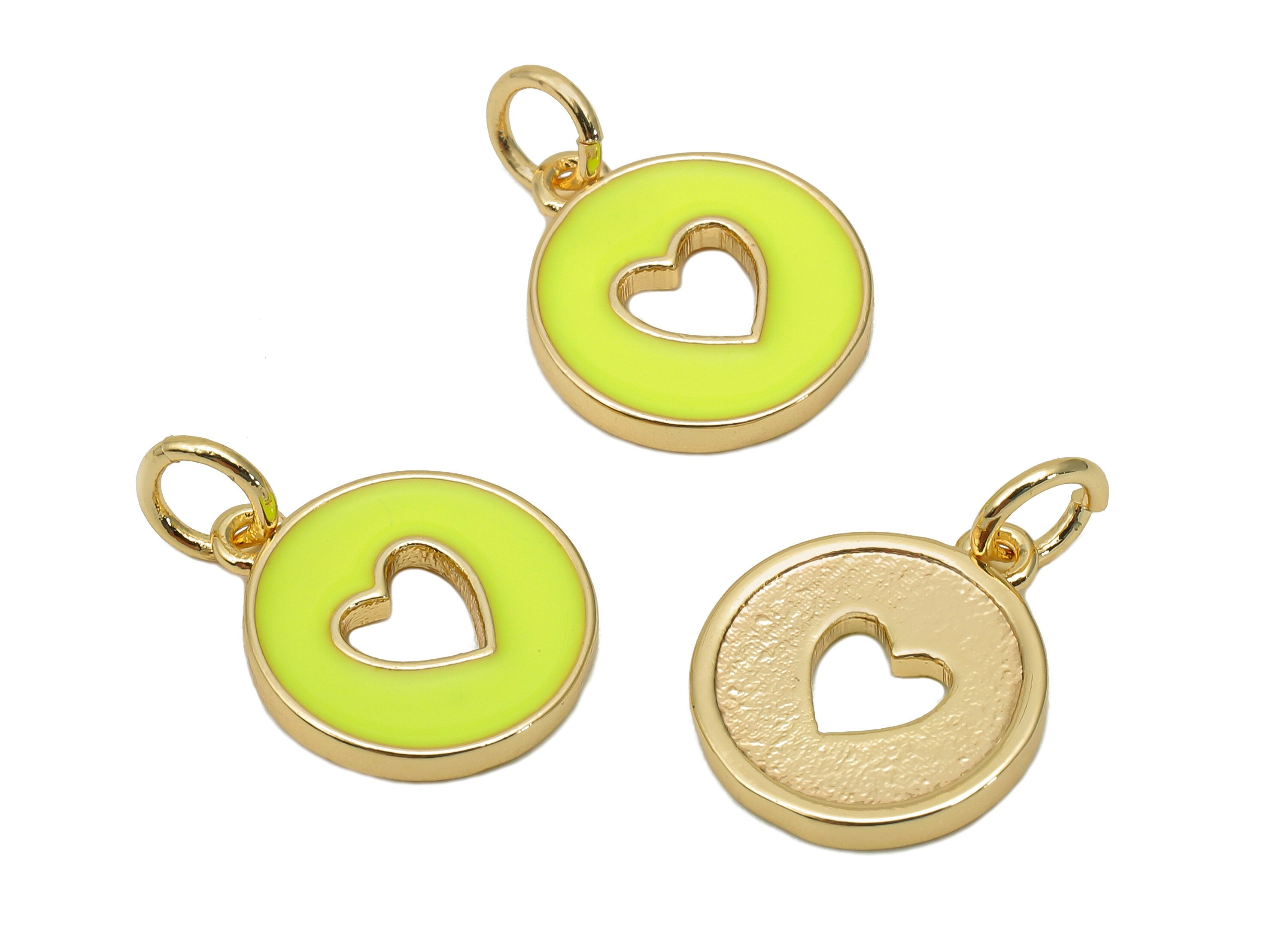 Brass Round Heart Hollow Earring - Enamel Yellow Mini Circle Charm - Pendant With Loop - 18K Real Gold Plating - 17.4x11.9x1.6mm - RGP5652H - DOMEDBAZAAR
