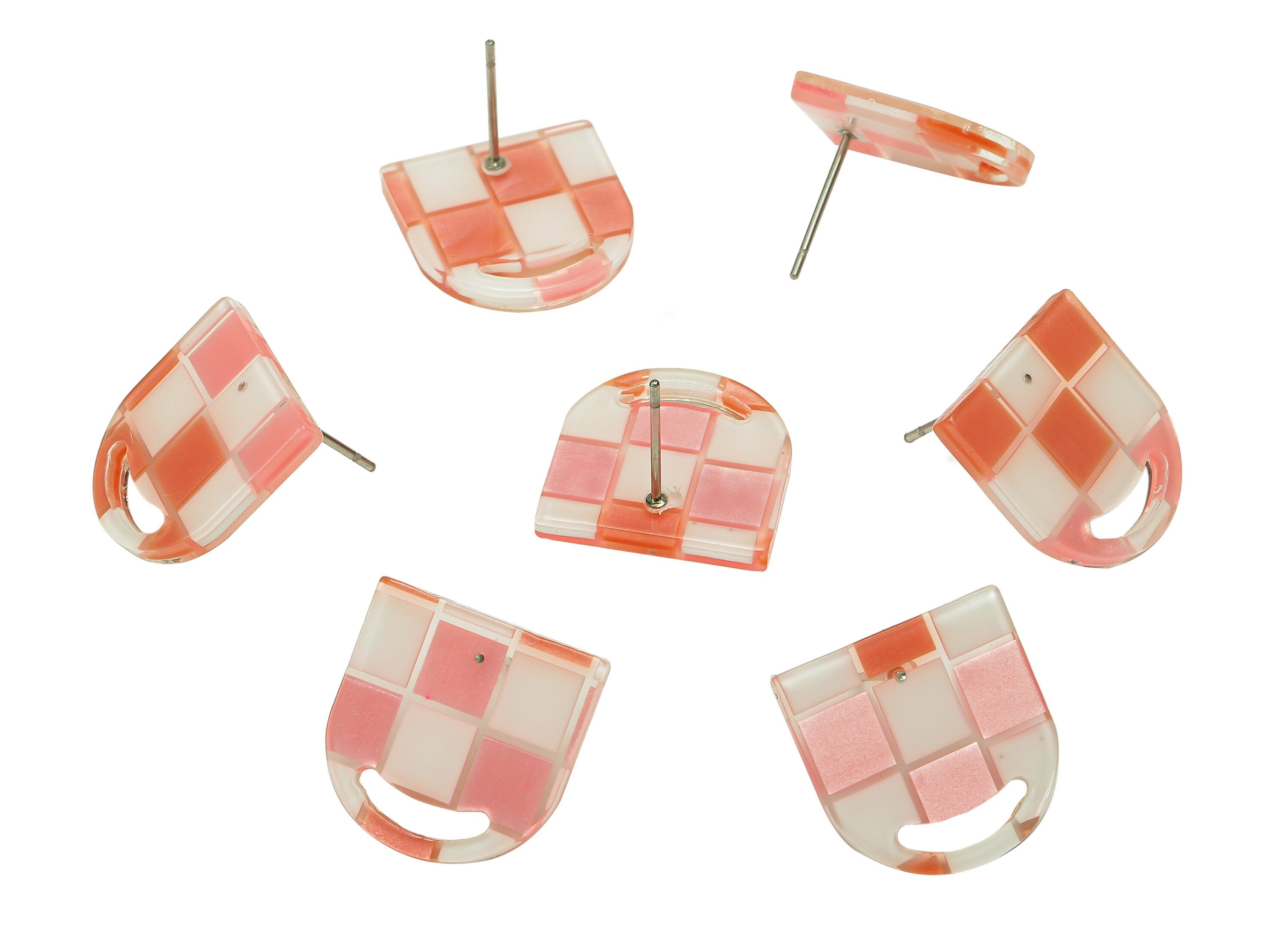 PVC Domed Crescent Stud Earring - Pink & White Checkered Moon Post - 316 Stainless Steel - Color Code: A856 - 16.5x16.3x2.3mm - AC2532-A856 - DOMEDBAZAAR
