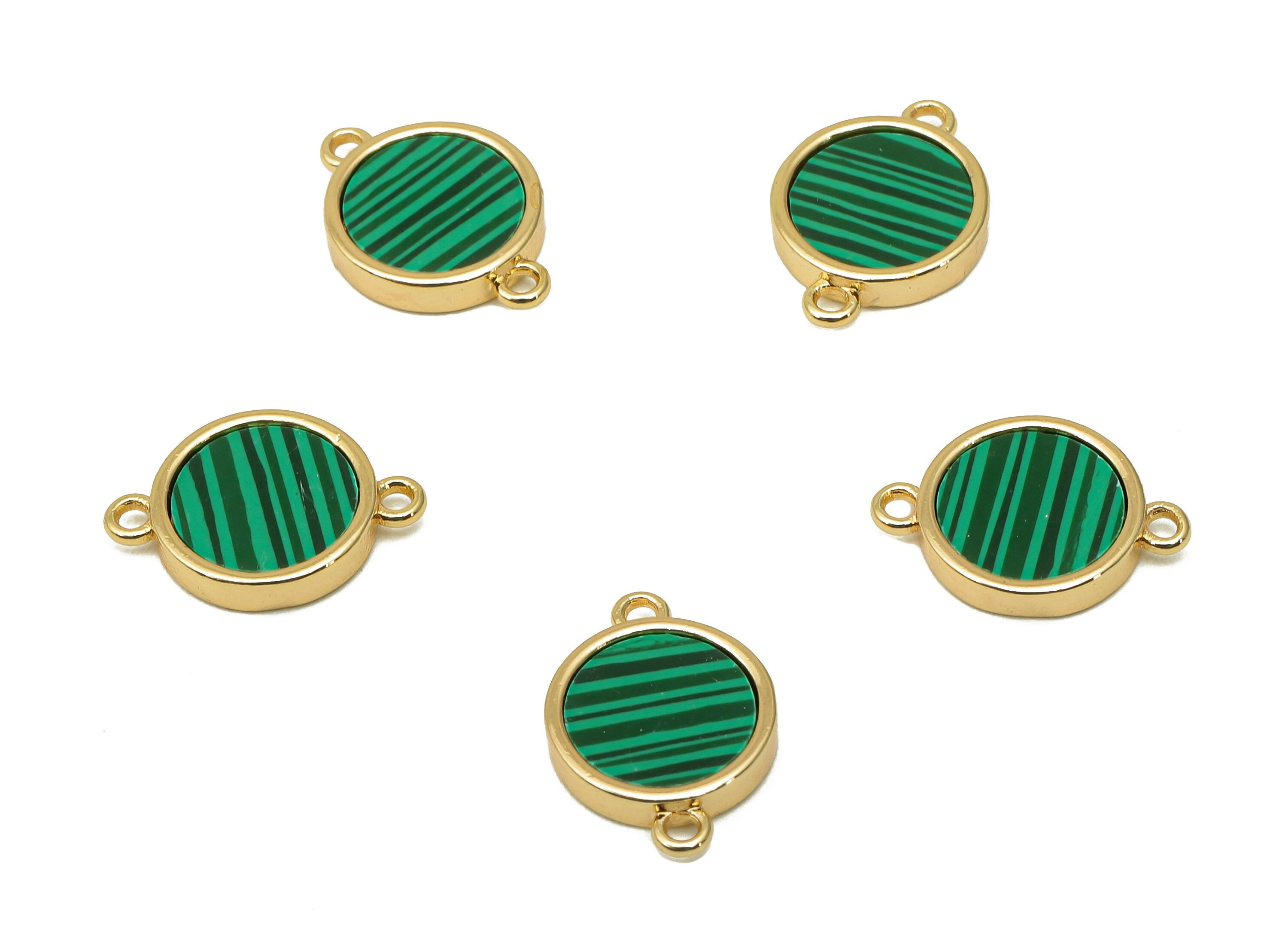 Brass Mini Round Dot Connector - Synthetic Stone Green Earring - Pendant With Loops - For Bracelet - 18K Real Gold Plating-13x9x2mm-RGP5653B - DOMEDBAZAAR