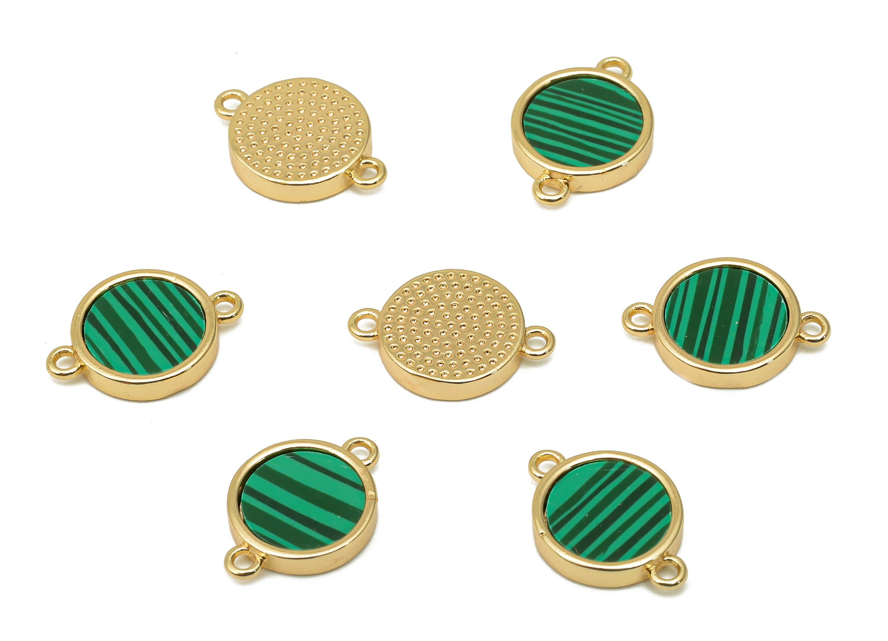 Brass Mini Round Dot Connector - Synthetic Stone Green Earring - Pendant With Loops - For Bracelet - 18K Real Gold Plating-13x9x2mm-RGP5653B - DOMEDBAZAAR