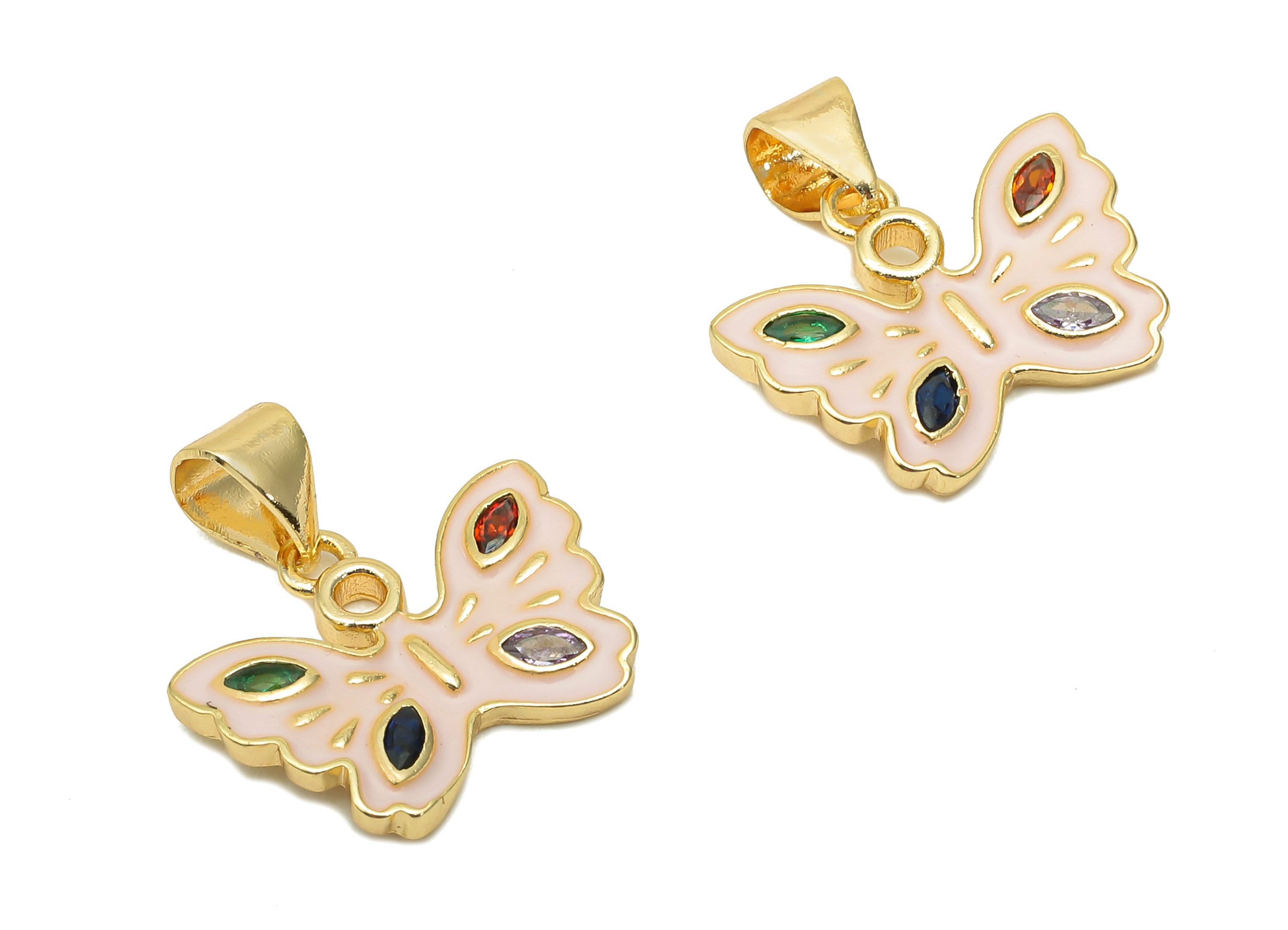Brass Butterfly Zircon Pendant - Enamel Pink Butterfly Earring - Necklace Charm With Loop - 18K Real Gold Plating - 1.8x16.2x1.6mm - RGP5660 - DOMEDBAZAAR
