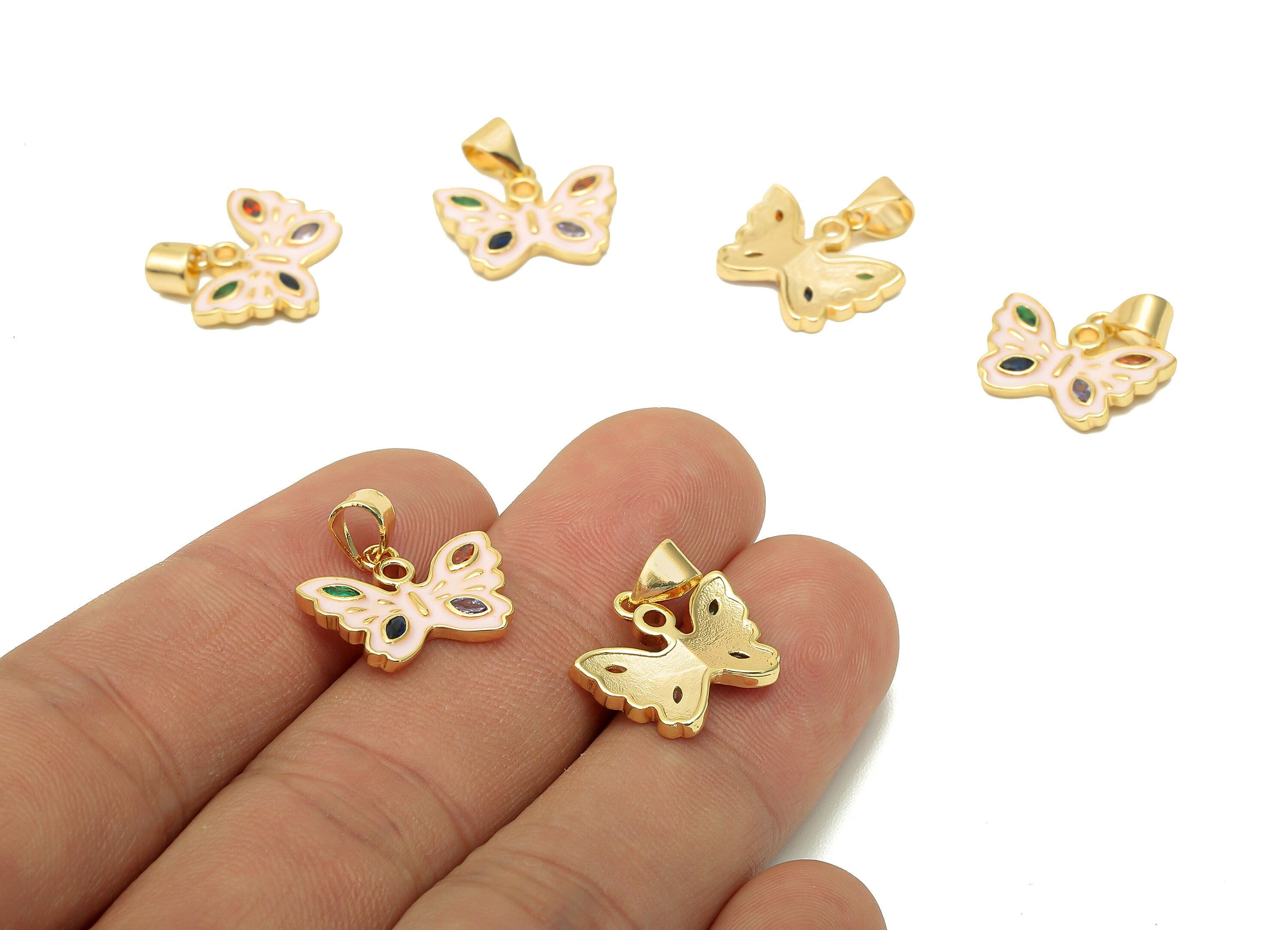 Brass Butterfly Zircon Pendant - Enamel Pink Butterfly Earring - Necklace Charm With Loop - 18K Real Gold Plating - 1.8x16.2x1.6mm - RGP5660 - DOMEDBAZAAR
