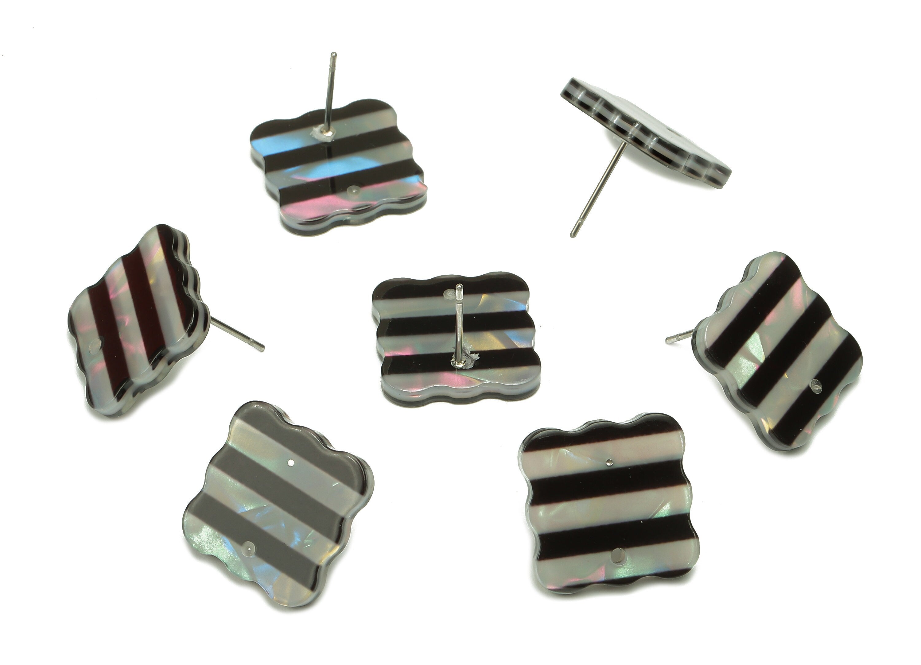 PVC Wave Square Earring Post - Black Stripe Stud Earring With Hole - 316 Stainless Steel - Color Code: A859 - 15.9x15.8x2.5mm - AC2535-A859 - DOMEDBAZAAR