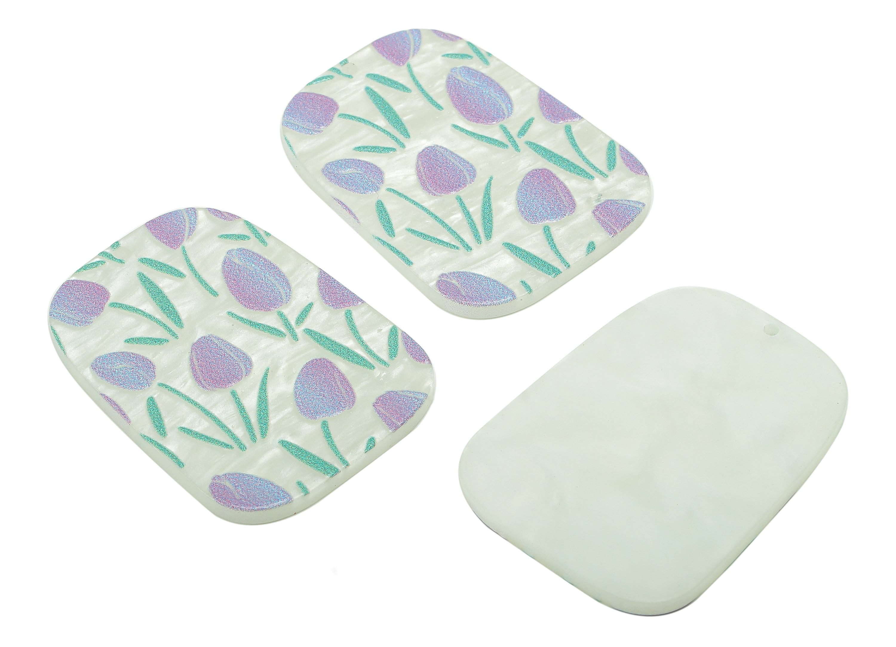 Acrylic Oval Rectangle Earring Charm - Purple Tulip Textured White Earring - Pendant With Hole - For Necklace - 39.6x29.4x2.4mm - AC2574B - DOMEDBAZAAR