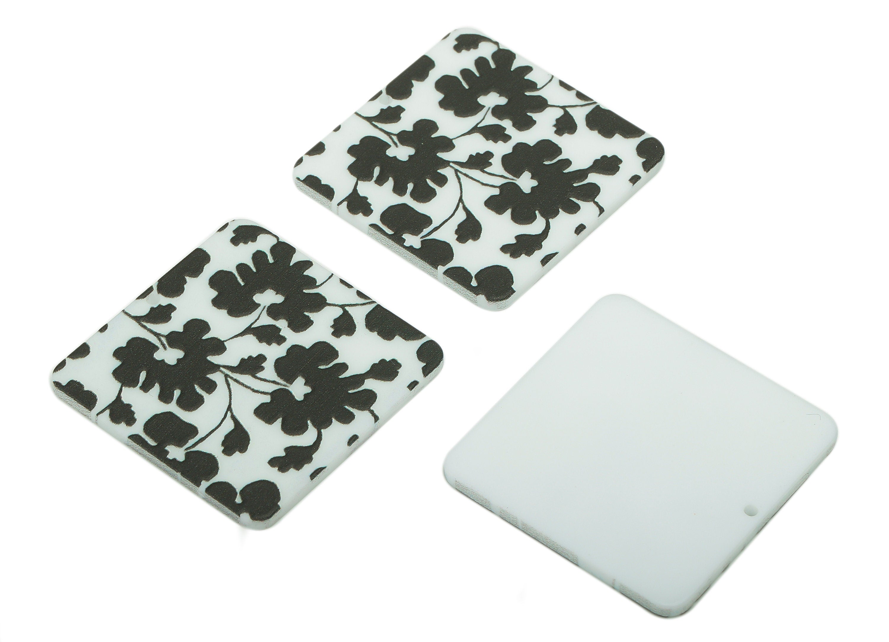 Acrylic Flower Square Earring Charm - Black Flower White Square Earring - Pendant With Hole - Charm For Necklace - 34.6x34.6x2.4mm - AC2576A - DOMEDBAZAAR