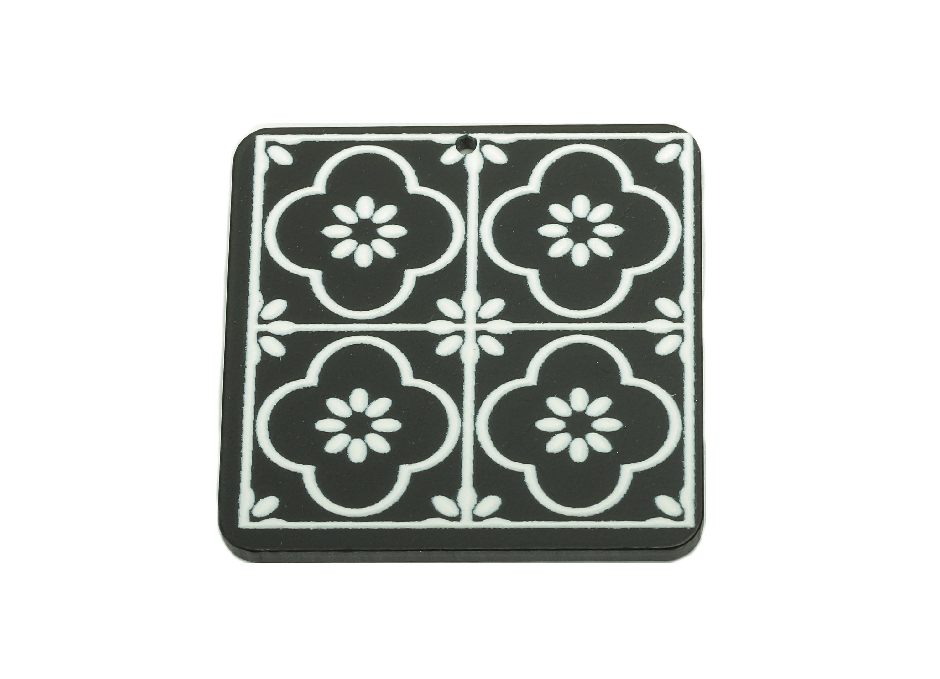 Acrylic Flower Square Earring Charm - White Flower Black Square Earring - Pendant With Hole - Charm For Necklace - 34.6x34.6x2.4mm - AC2576B - DOMEDBAZAAR