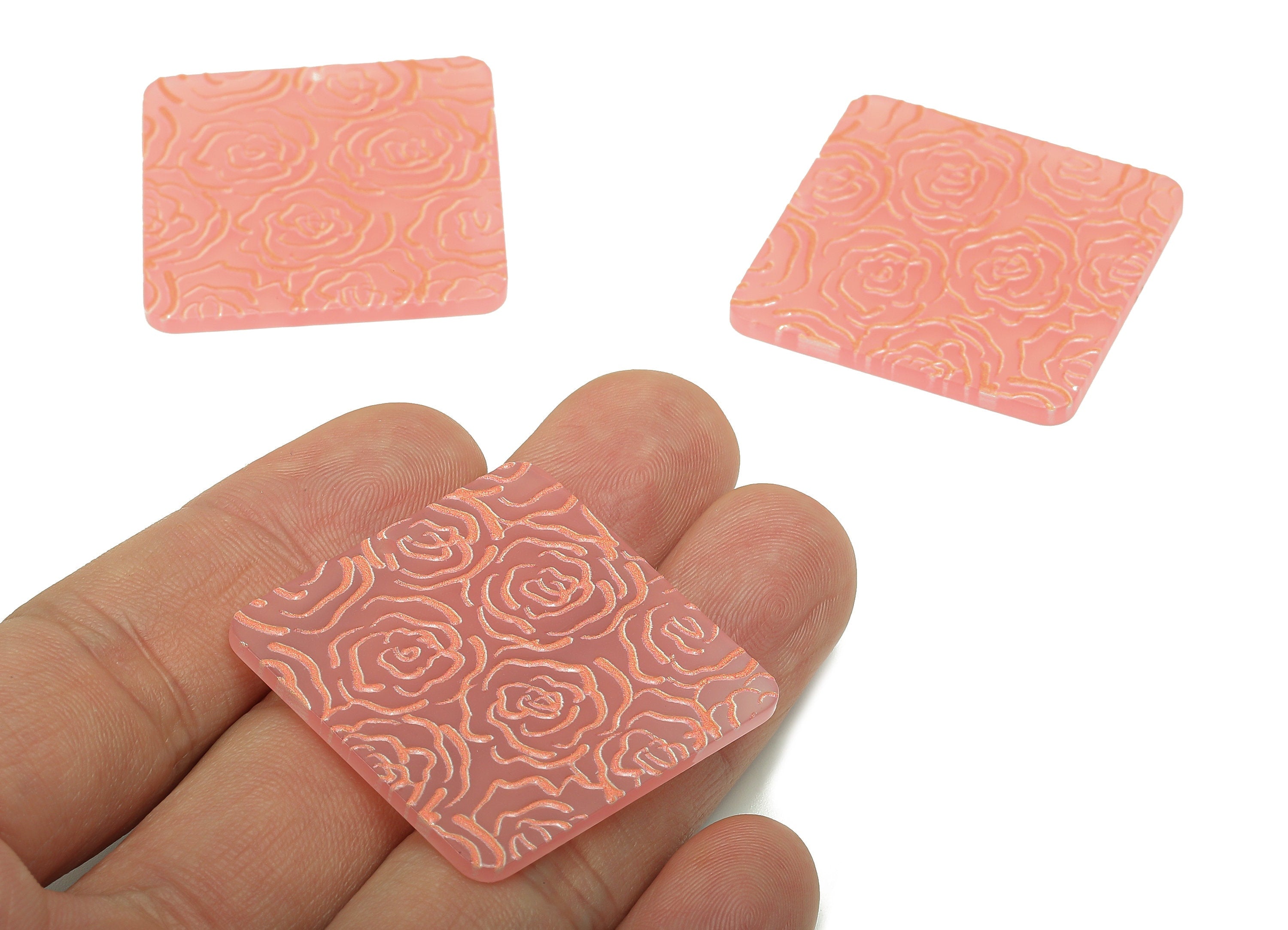 Acrylic Flower Square Earring Charm - Acrylic Pink Rose Square Earring - Pendant With Hole - Charm For Necklace - 34.6x34.6x2.4mm - AC2576D - DOMEDBAZAAR