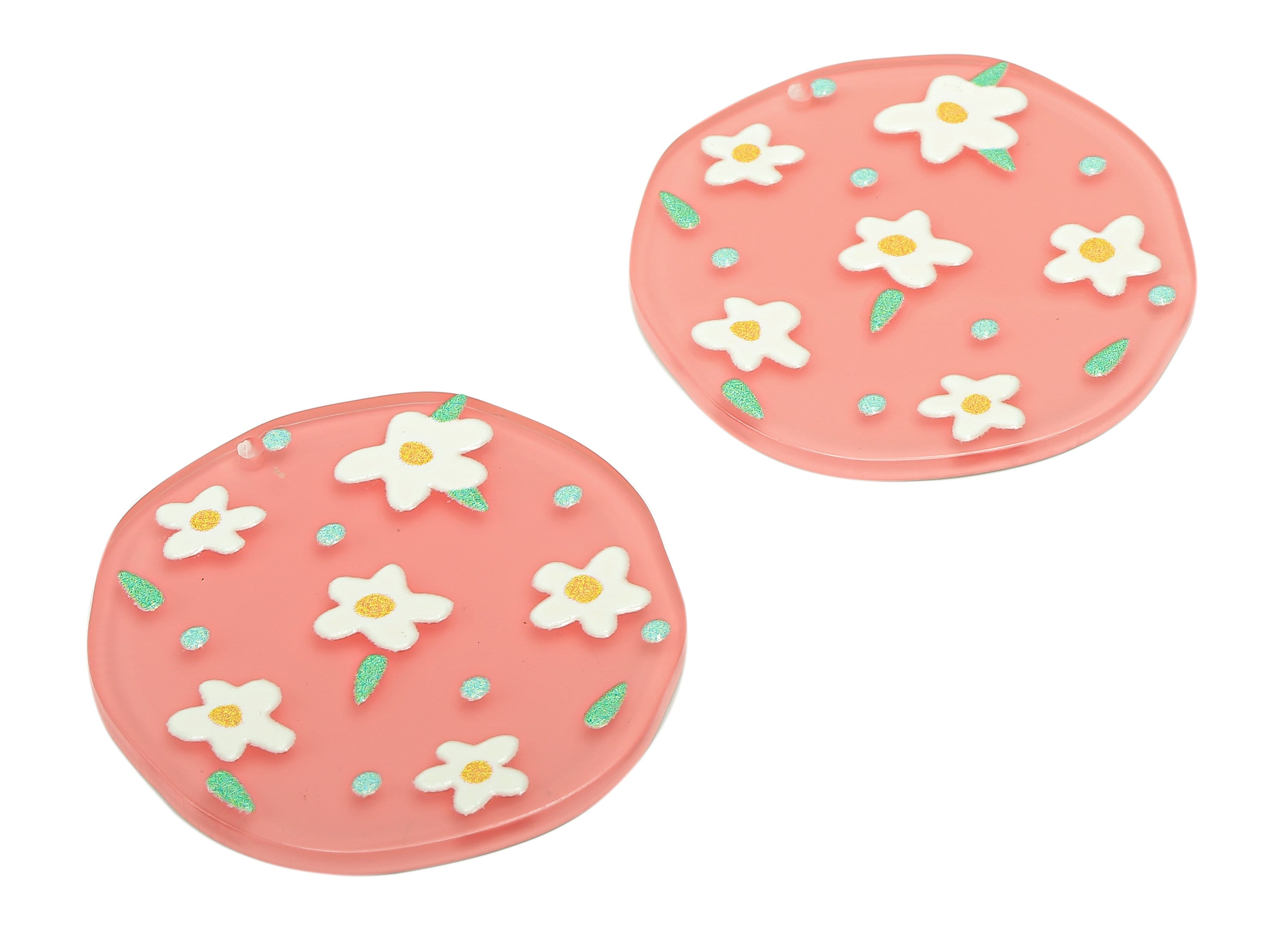 Acrylic Flower Round Earring Charm - Acrylic Pink Circle Earring - Round Pendant With Hole - Charm For Necklace - 36.9x36.5x2.4mm - AC2577B - DOMEDBAZAAR