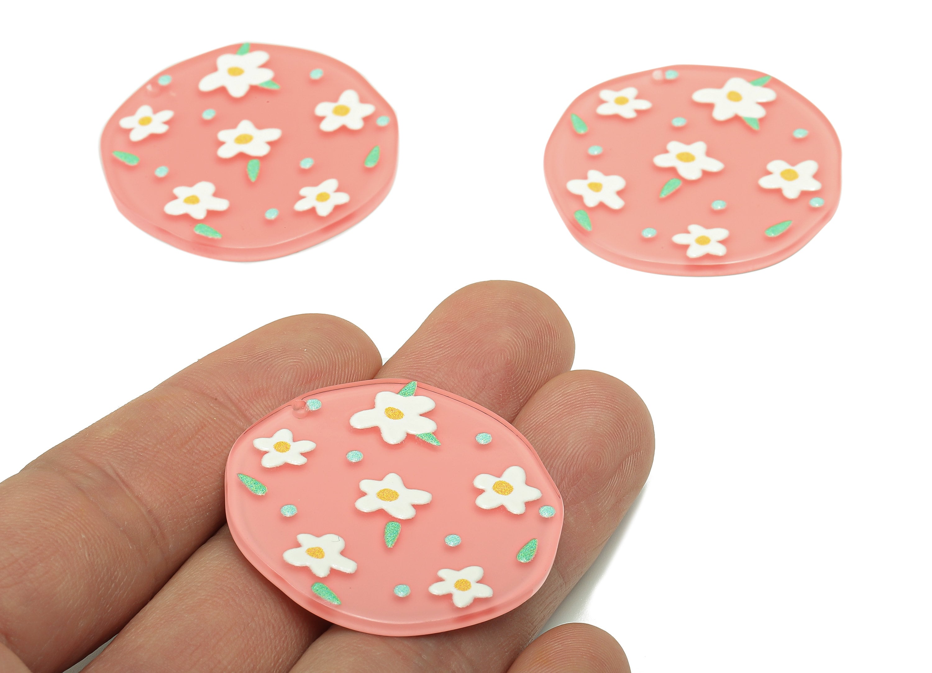 Acrylic Flower Round Earring Charm - Acrylic Pink Circle Earring - Round Pendant With Hole - Charm For Necklace - 36.9x36.5x2.4mm - AC2577B - DOMEDBAZAAR