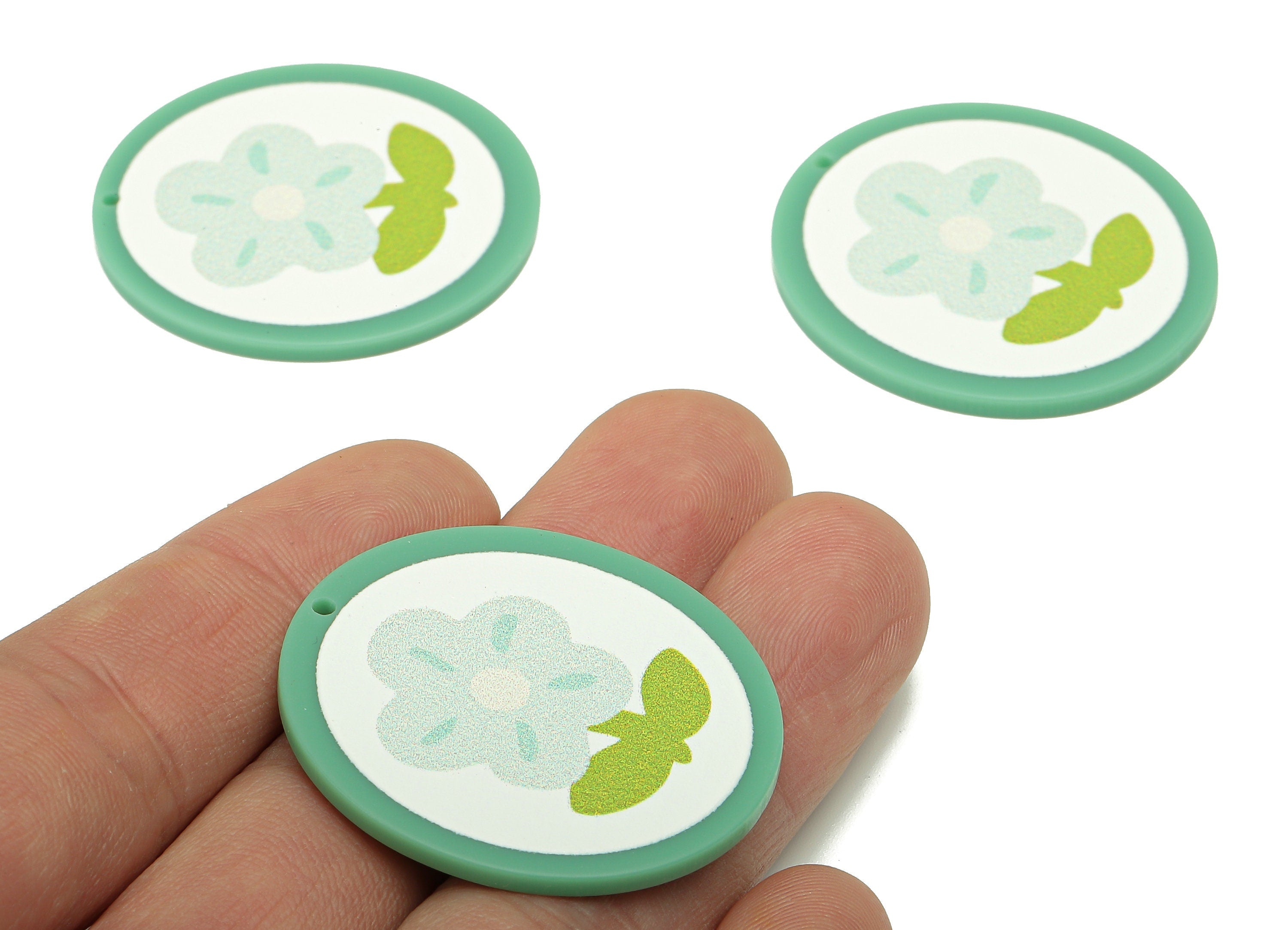 Acrylic Flower Round Earring Charm - Acrylic Green Flower Circle Earring - Pendant With Hole - Charm For Necklace - 37.4x34.7x2.2mm -AC2580D - DOMEDBAZAAR