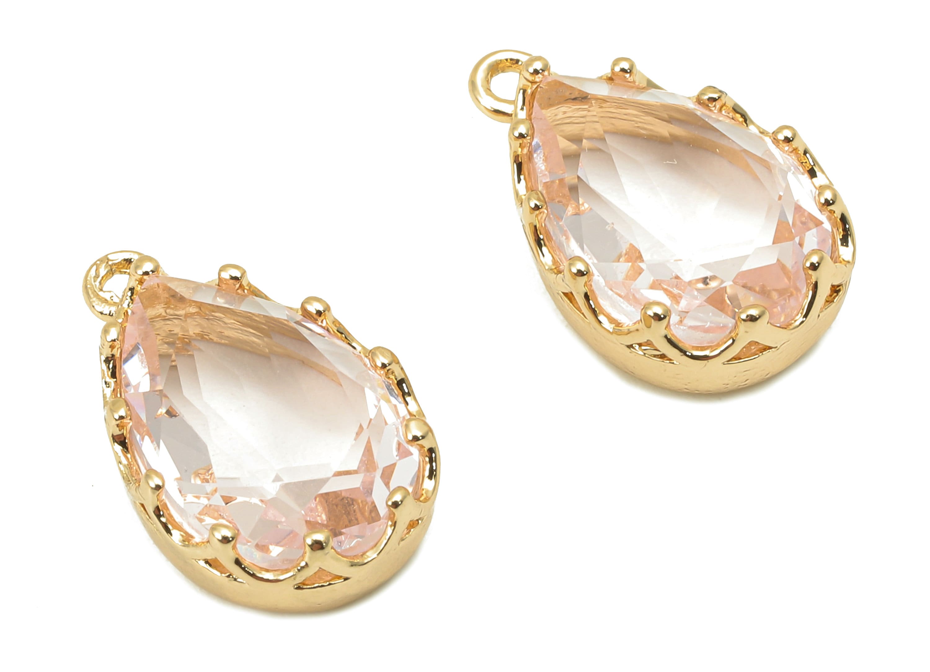 Brass Crown Frame Drop Charm - Faceted Clear Pink Glass Earring - Teardrop Pendant With Loop - Gold Tone Plating - 17.2x10.6x5.6mm - GS1159A - DOMEDBAZAAR