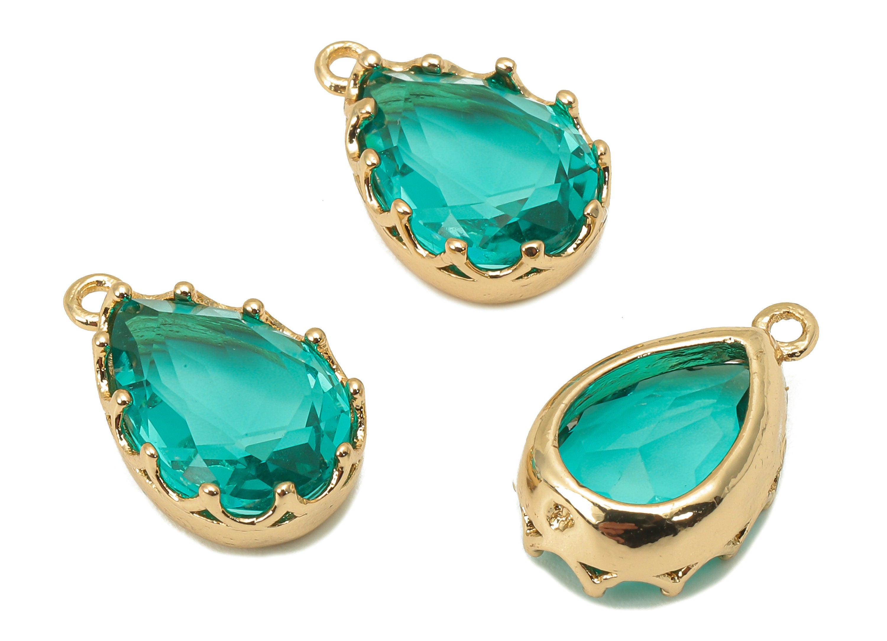 Brass Crown Frame Drop Charm - Faceted Clear Green Glass Earring - Teardrop Pendant With Loop - Gold Tone Plating - 17.2x10.6x5.6mm -GS1159B - DOMEDBAZAAR