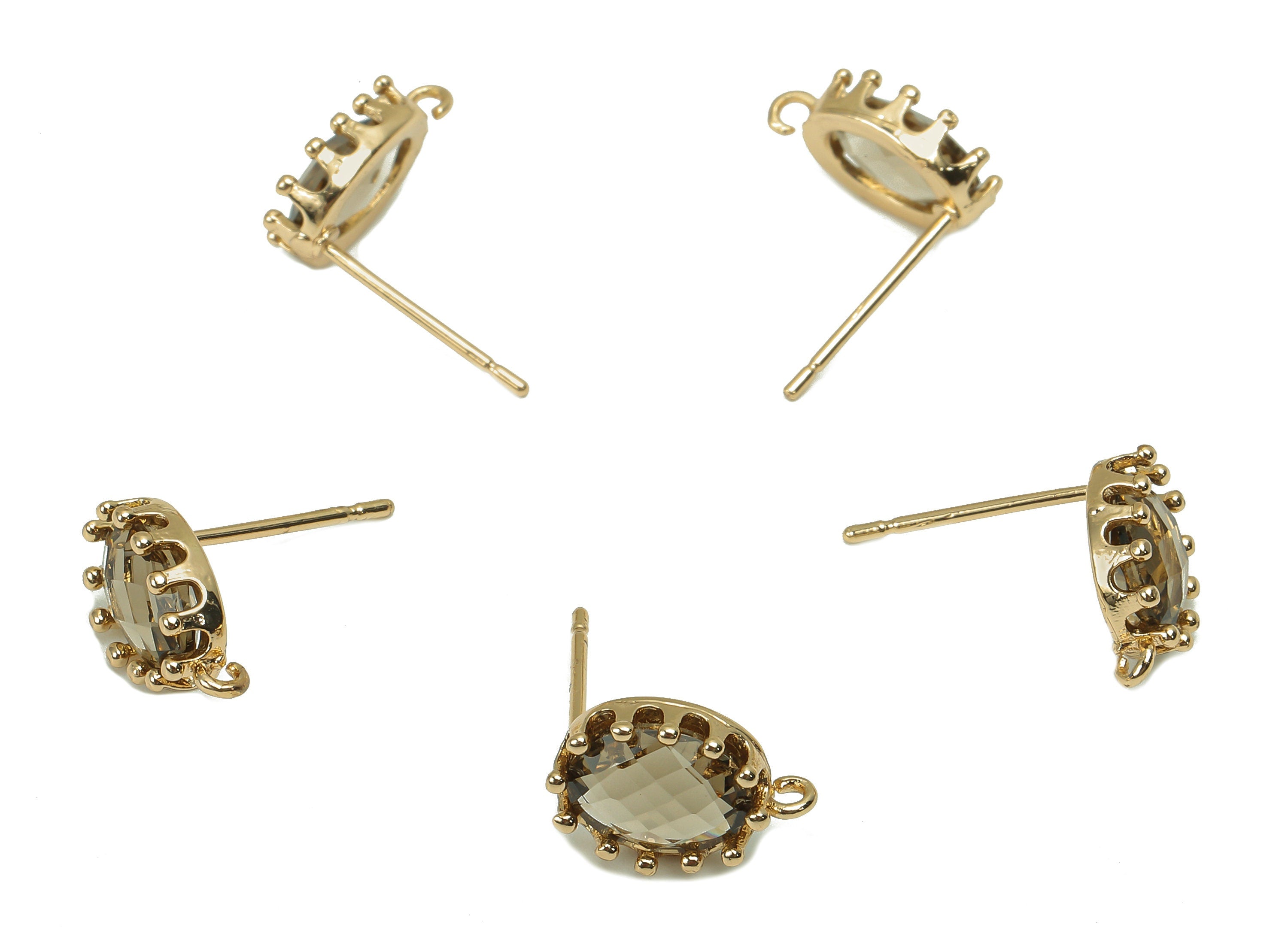 Brass Crown Frame Oval Stud Earring - Faceted Clear Black Glass With Loop - Silver Stud - Gold Tone Plating - 11.5x7.7x2.9mm - GS1160A - DOMEDBAZAAR