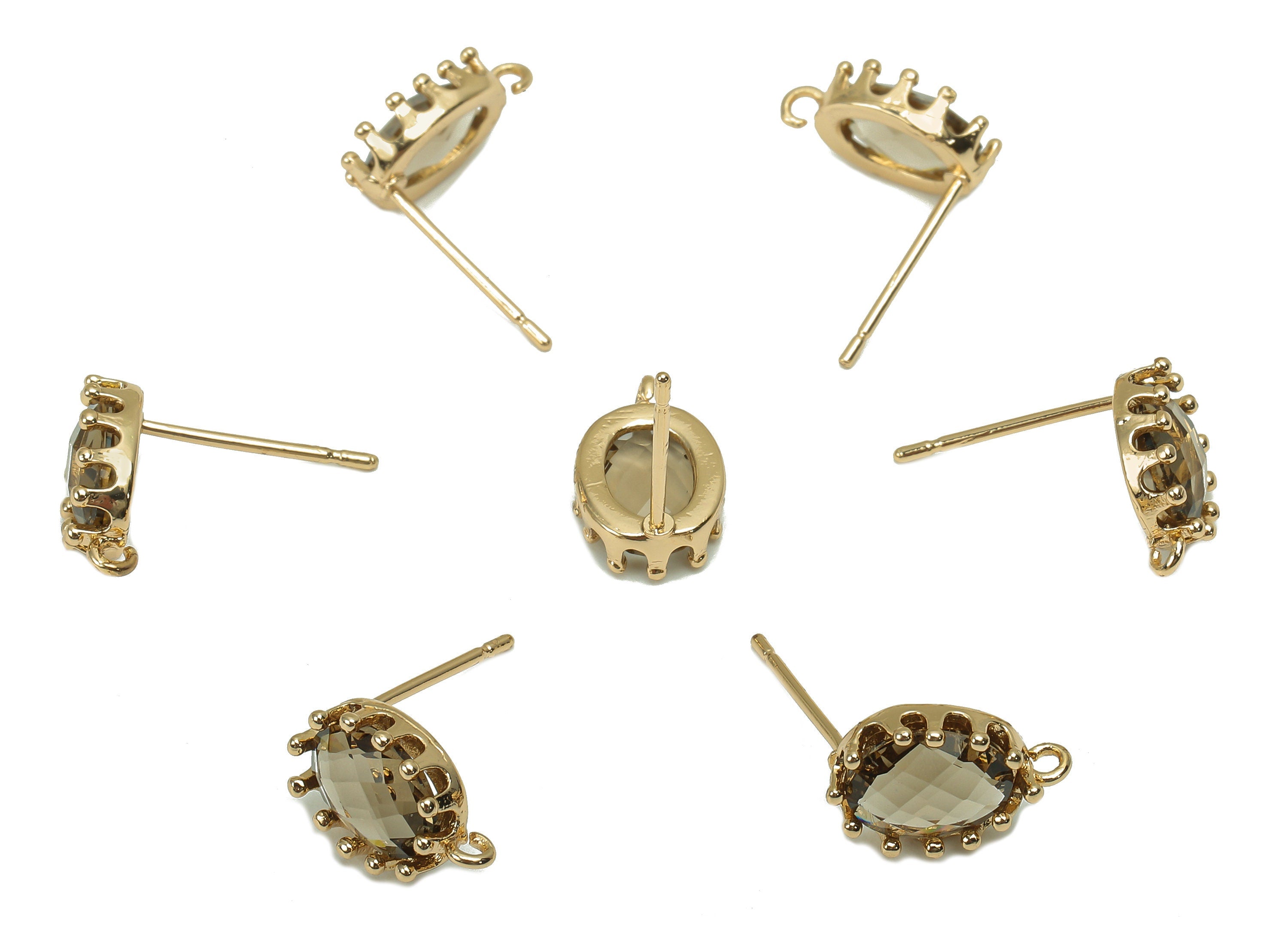 Brass Crown Frame Oval Stud Earring - Faceted Clear Black Glass With Loop - Silver Stud - Gold Tone Plating - 11.5x7.7x2.9mm - GS1160A - DOMEDBAZAAR