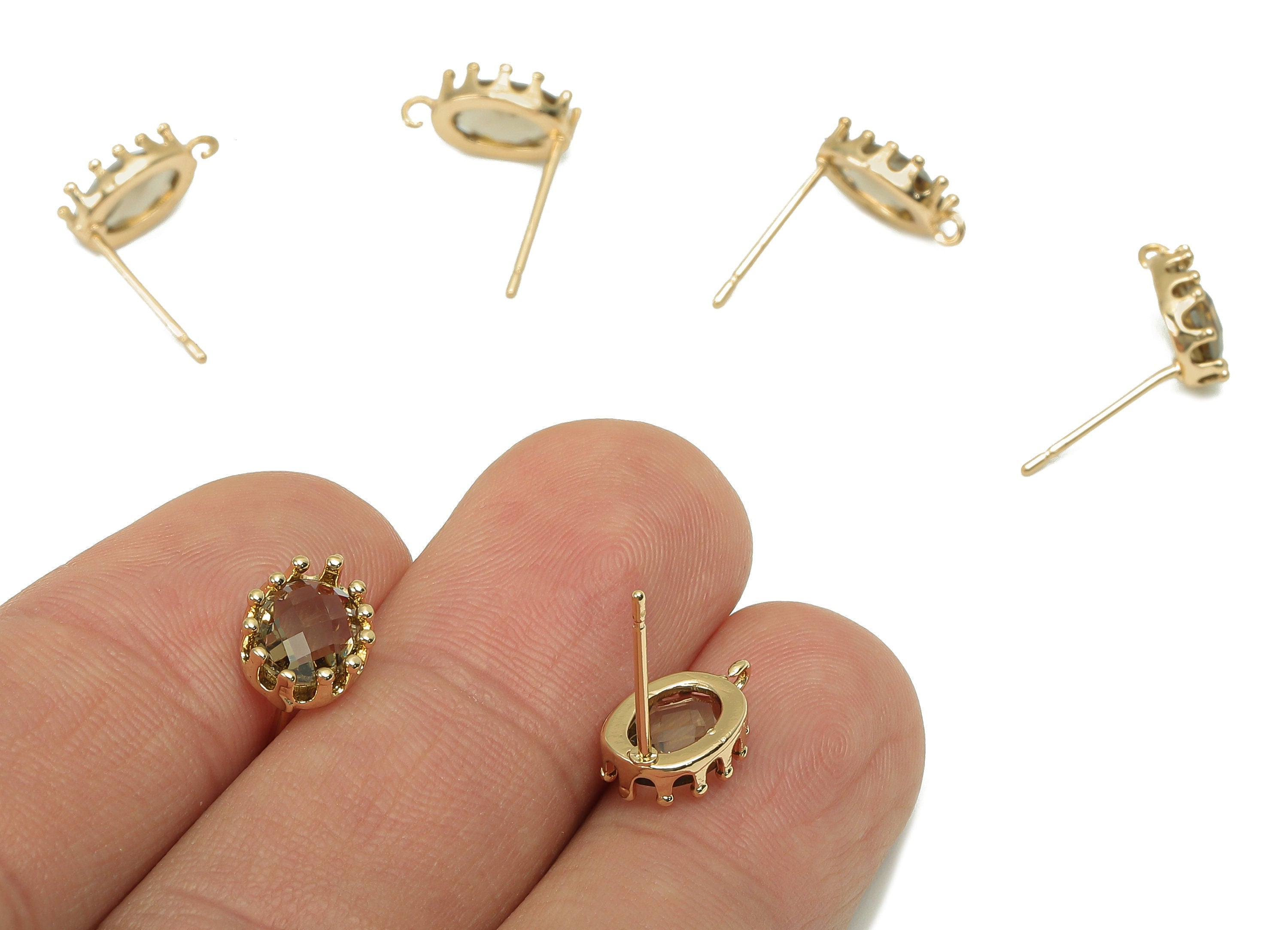 Brass Crown Frame Oval Stud Earring - Faceted Clear Black Glass With Loop - Silver Stud - Gold Tone Plating - 11.5x7.7x2.9mm - GS1160A - DOMEDBAZAAR