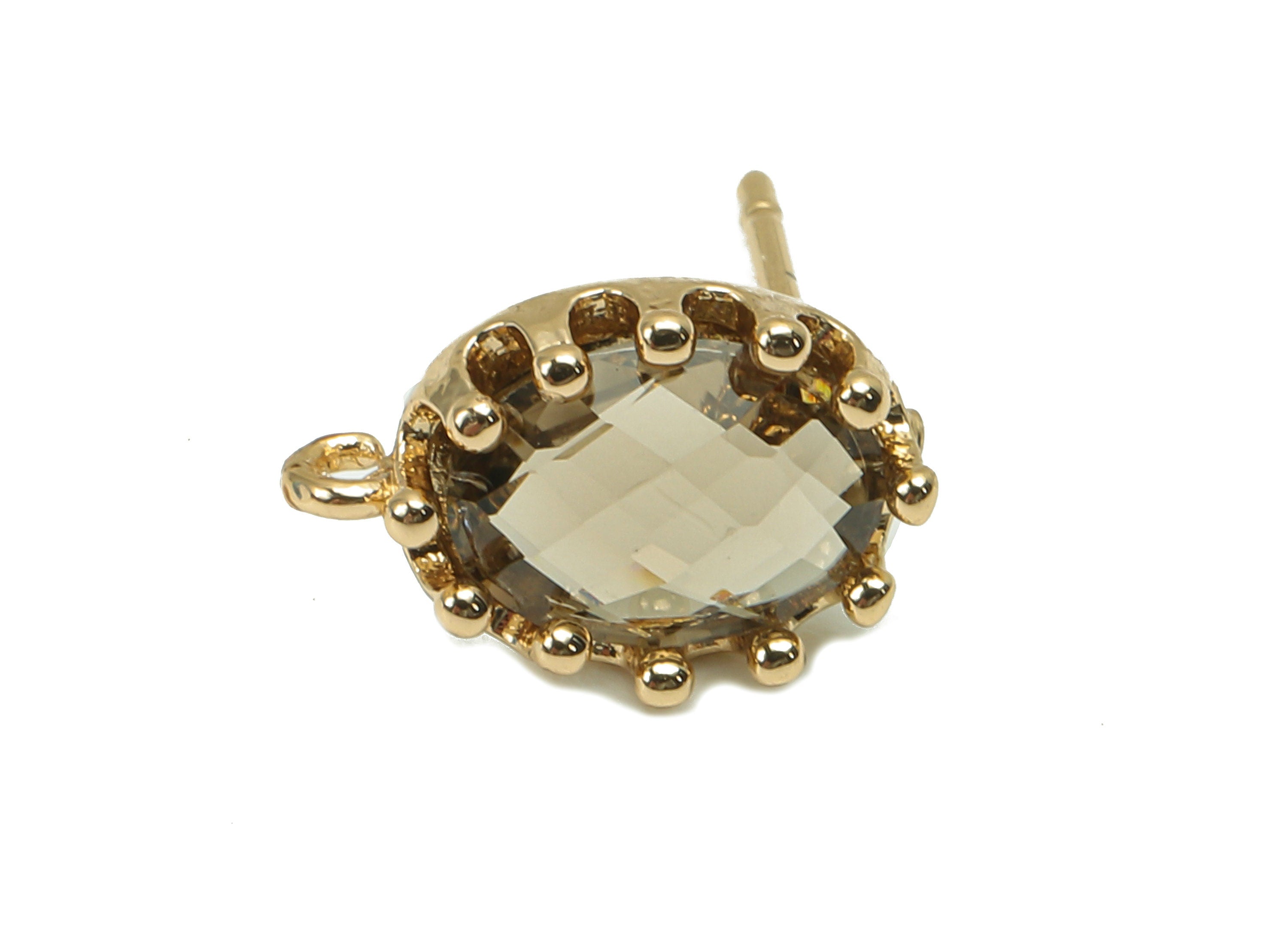Brass Crown Frame Oval Stud Earring - Faceted Clear Black Glass With Loop - Silver Stud - Gold Tone Plating - 11.5x7.7x2.9mm - GS1160A - DOMEDBAZAAR