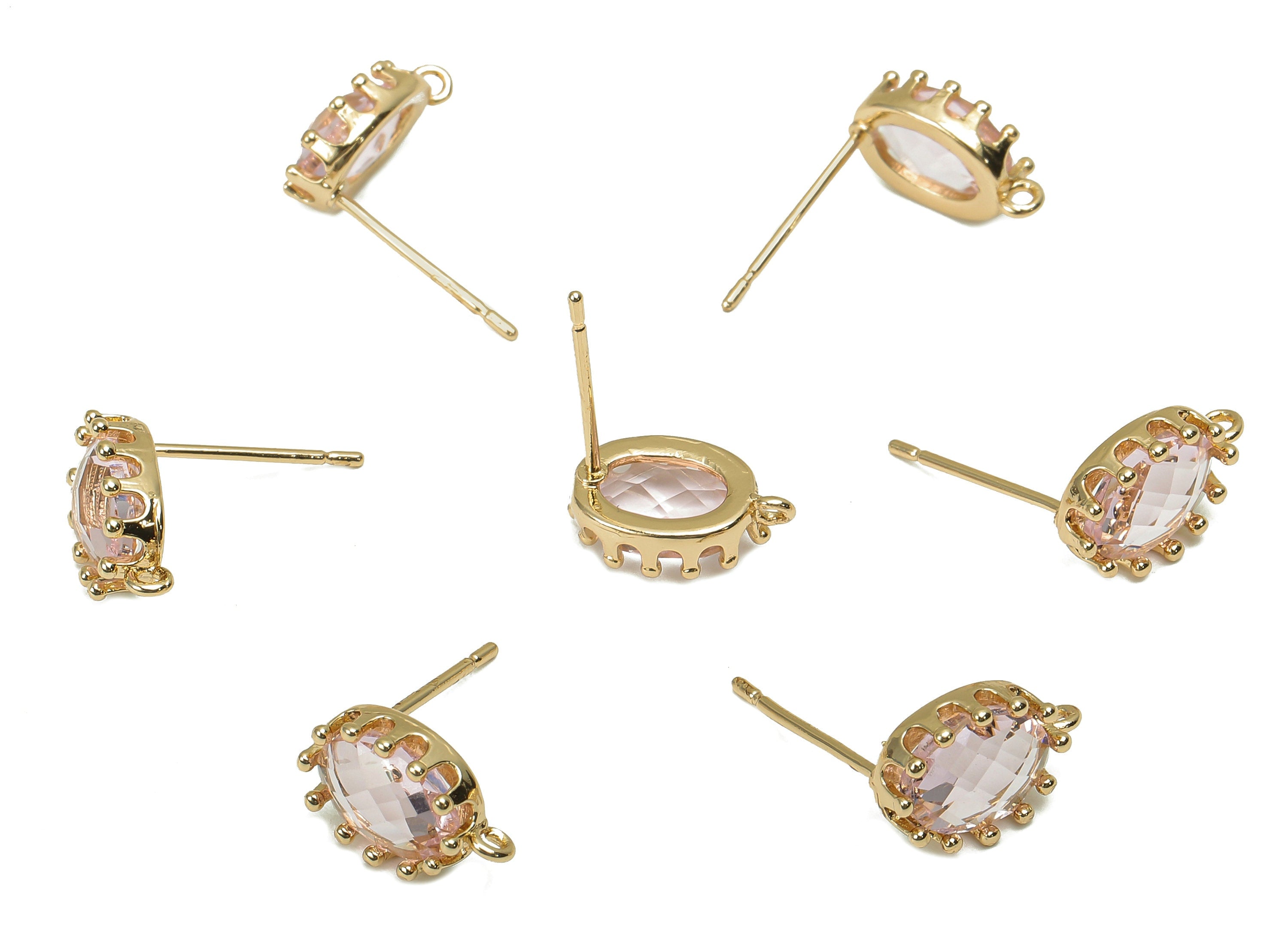 Brass Crown Frame Oval Stud Earring - Faceted Clear Pink Glass With Loop - Silver Stud - Gold Tone Plating - 11.5x7.7x2.9mm - GS1160B - DOMEDBAZAAR