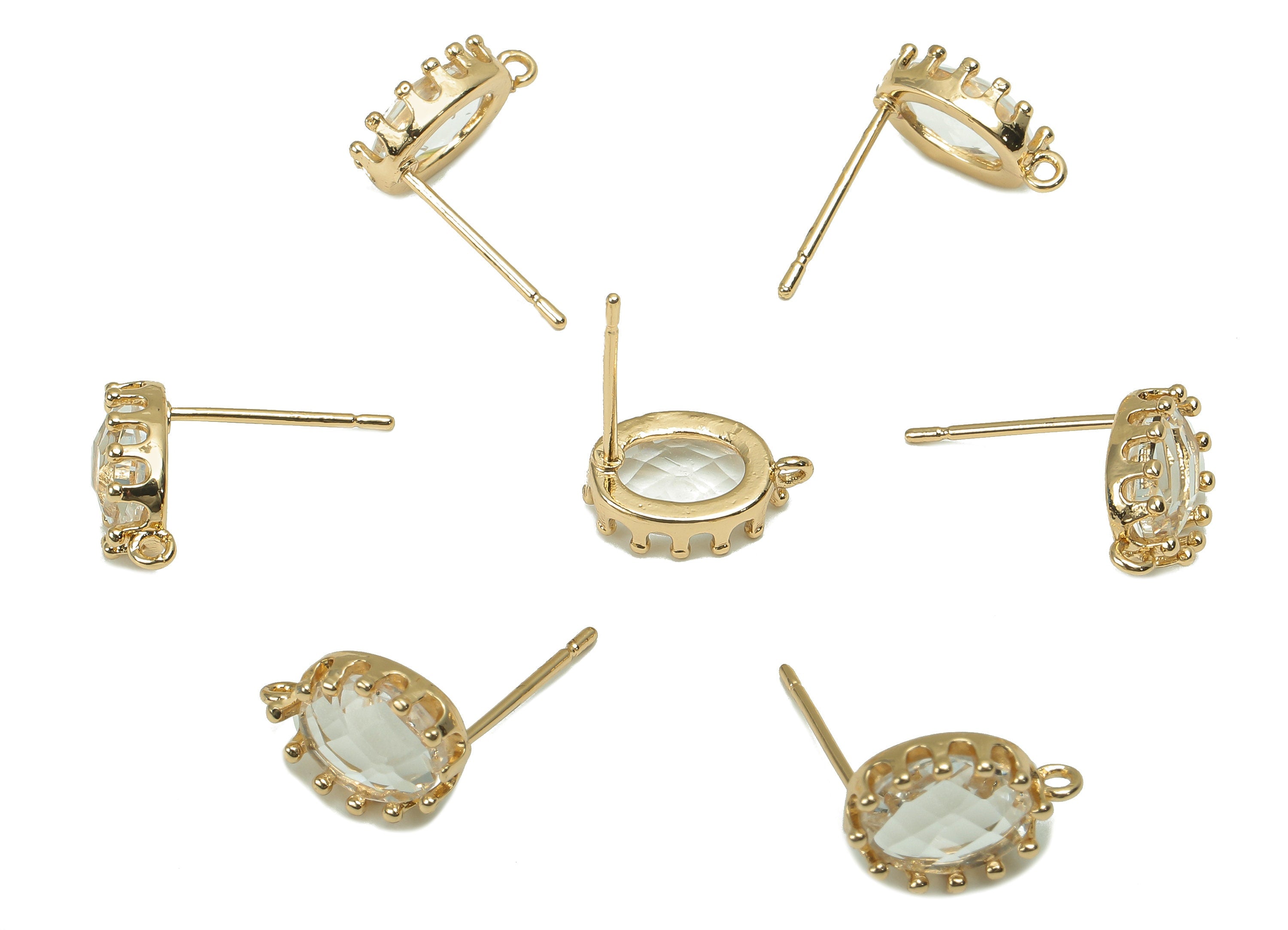 Brass Crown Frame Transparent Stud Earring - Faceted Clear Oval Glass With Loop - Silver Stud - Gold Tone Plating - 11.5x7.7x2.9mm - GS1160C - DOMEDBAZAAR