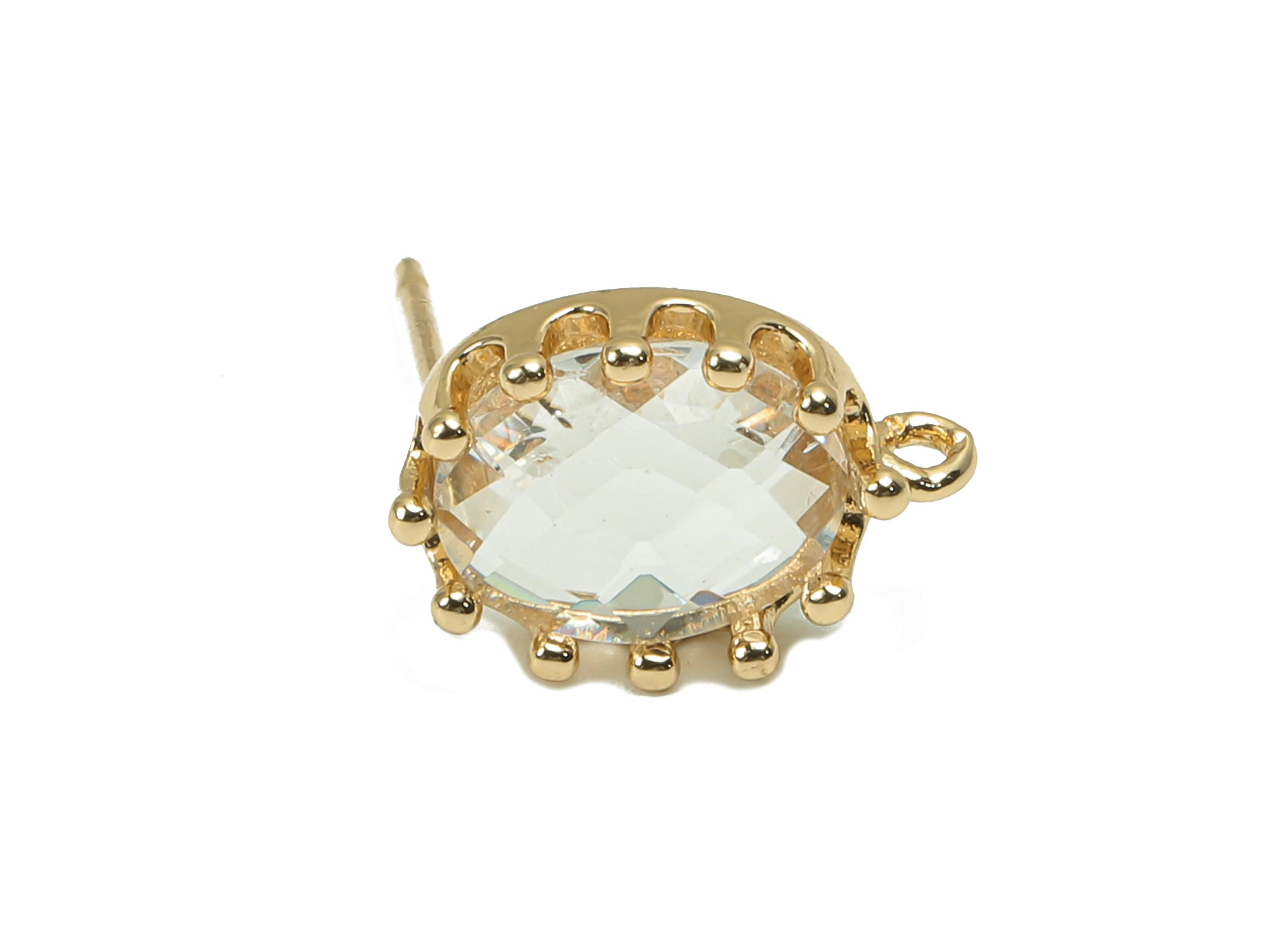 Brass Crown Frame Transparent Stud Earring - Faceted Clear Oval Glass With Loop - Silver Stud - Gold Tone Plating - 11.5x7.7x2.9mm - GS1160C - DOMEDBAZAAR
