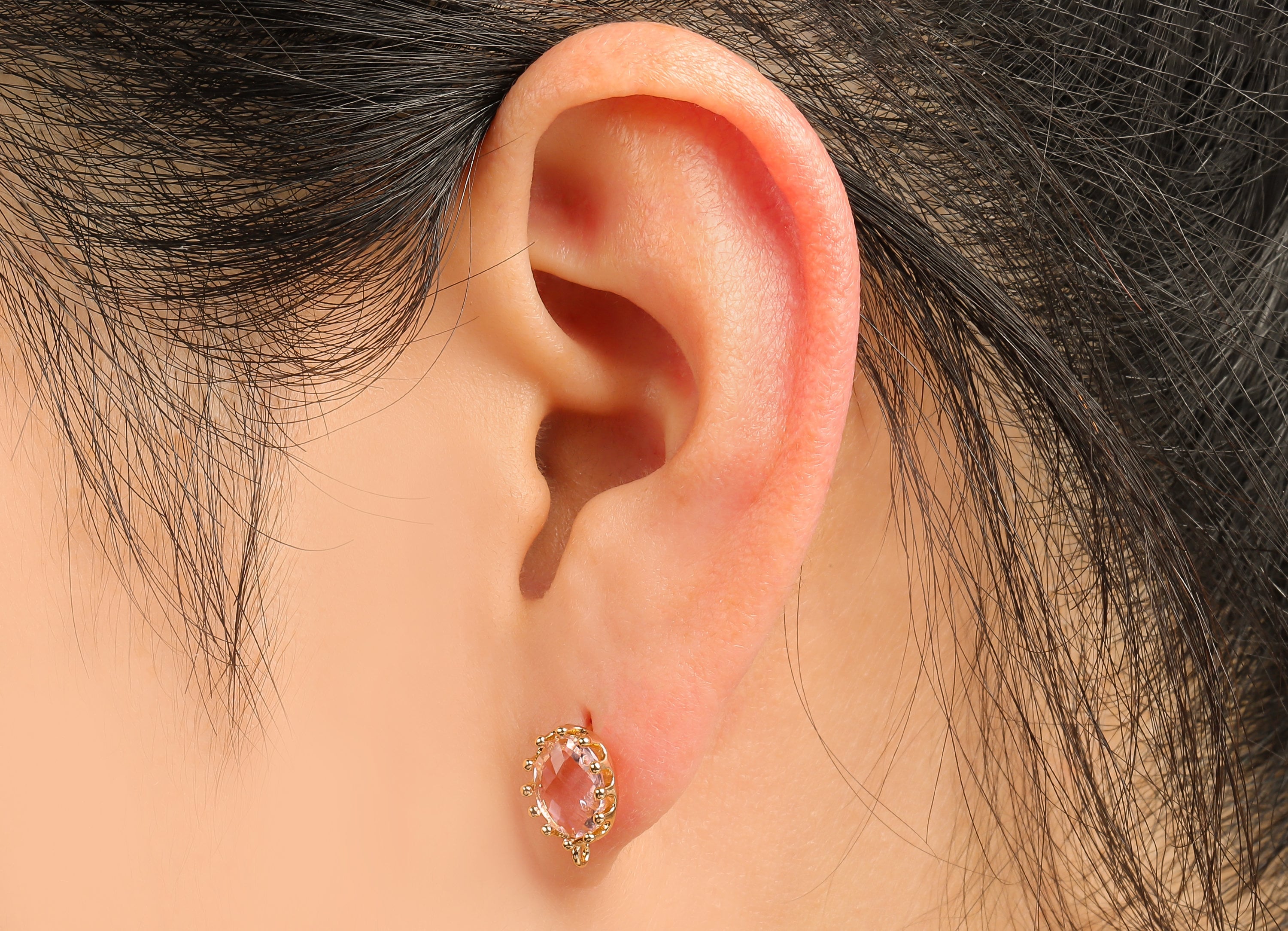 Brass Crown Frame Oval Stud Earring - Faceted Clear Pink Glass With Loop - Silver Stud - Gold Tone Plating - 11.5x7.7x2.9mm - GS1160B - DOMEDBAZAAR