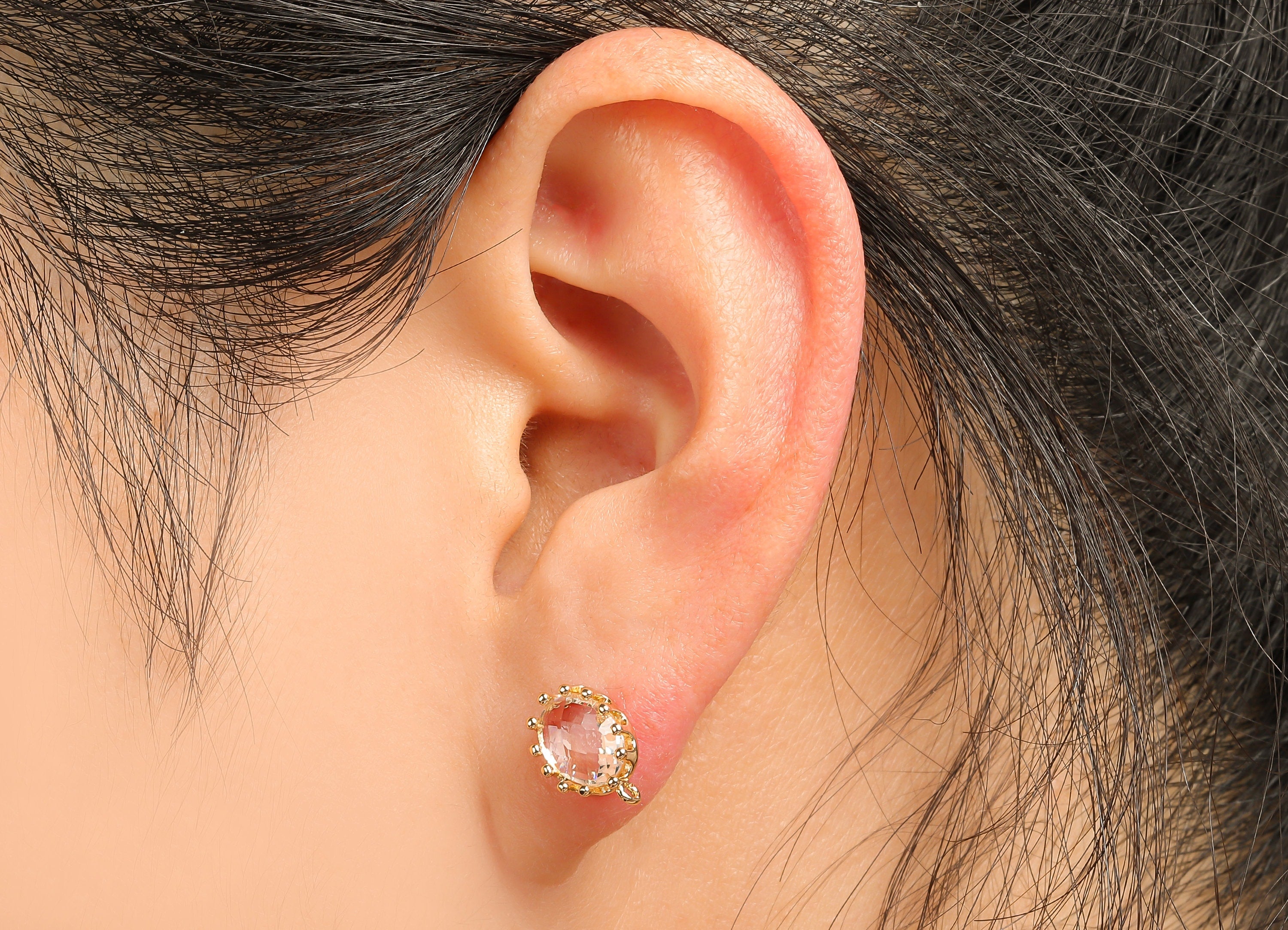 Brass Crown Frame Transparent Stud Earring - Faceted Clear Oval Glass With Loop - Silver Stud - Gold Tone Plating - 11.5x7.7x2.9mm - GS1160C - DOMEDBAZAAR
