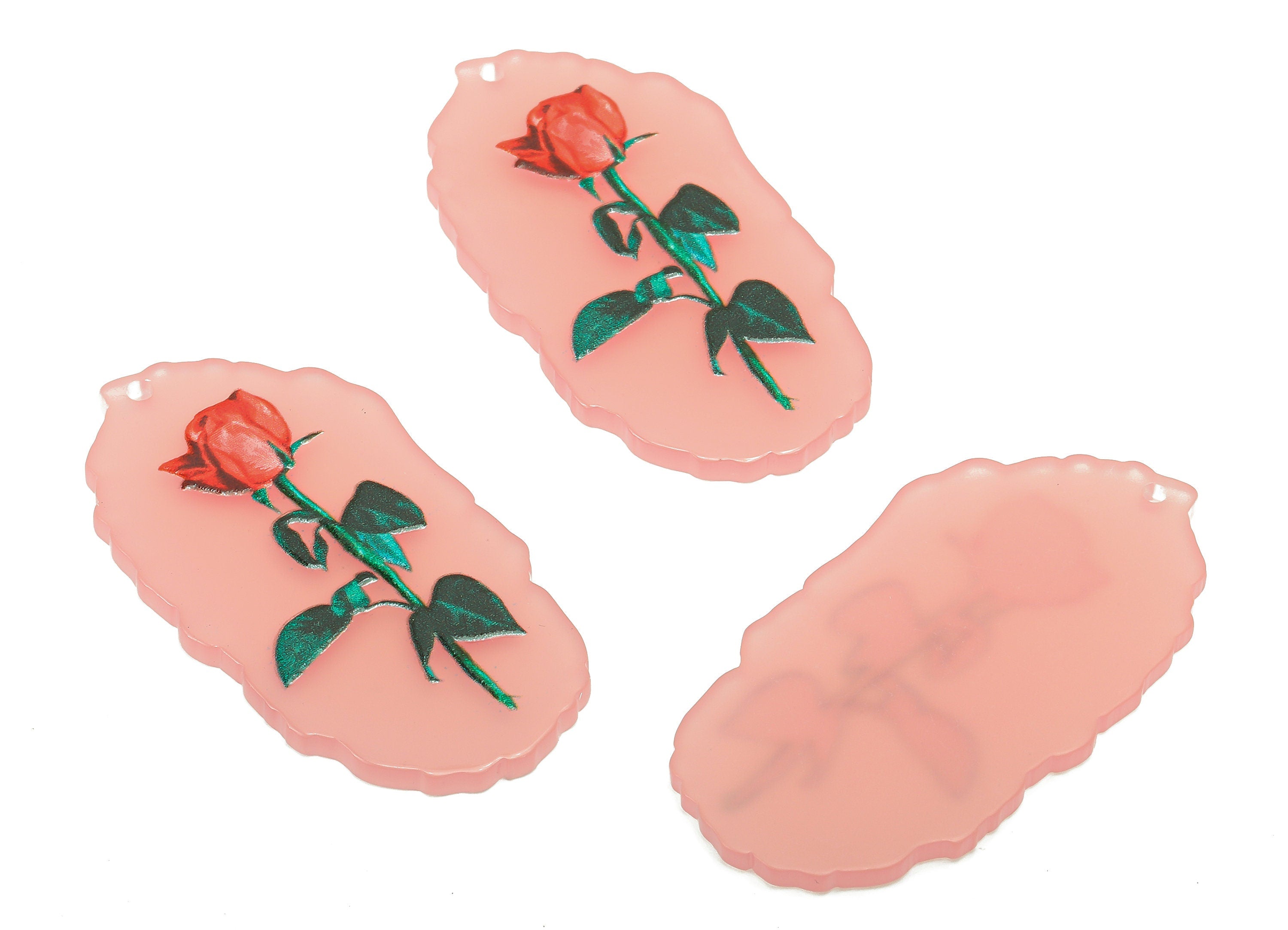 Acrylic Flower Oval Earring Charm - Red Rose Pink Oval Earring - Acrylic Pendant With Hole - Charm For Necklace - 44.3x23.4x2.3mm - AC2575 - DOMEDBAZAAR