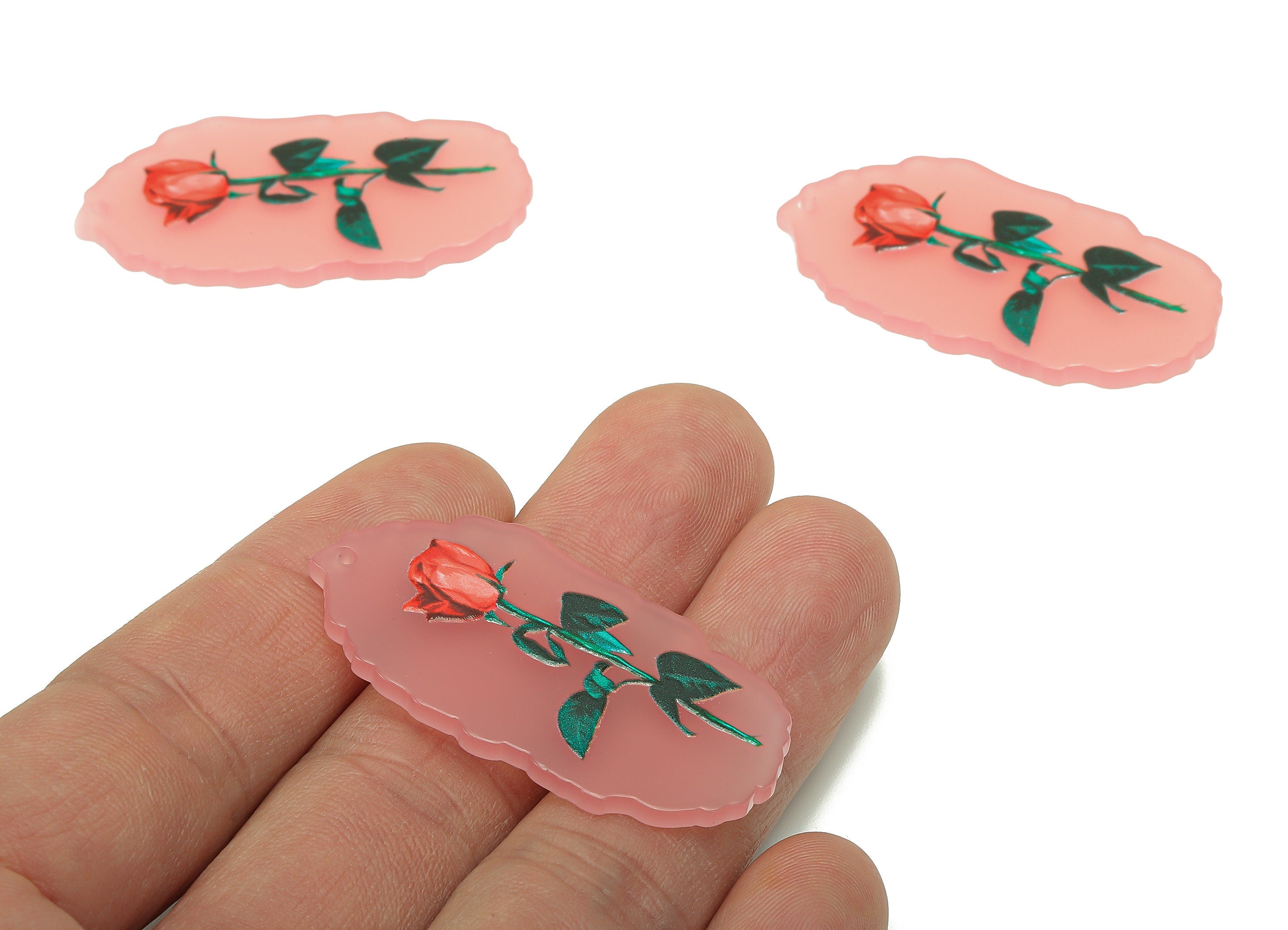 Acrylic Flower Oval Earring Charm - Red Rose Pink Oval Earring - Acrylic Pendant With Hole - Charm For Necklace - 44.3x23.4x2.3mm - AC2575 - DOMEDBAZAAR