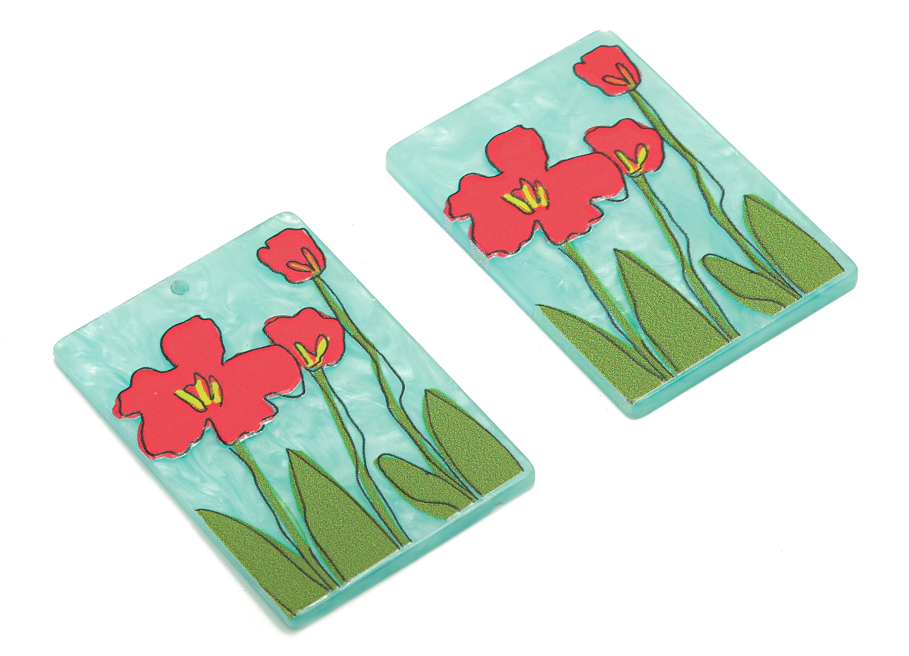 Acrylic Flower Rectangle Earring Charm - Blue Rectangle Earring - Pendant With Hole - Charm For Necklace - 37.5x26.7x2.5mm - AC2571A - DOMEDBAZAAR