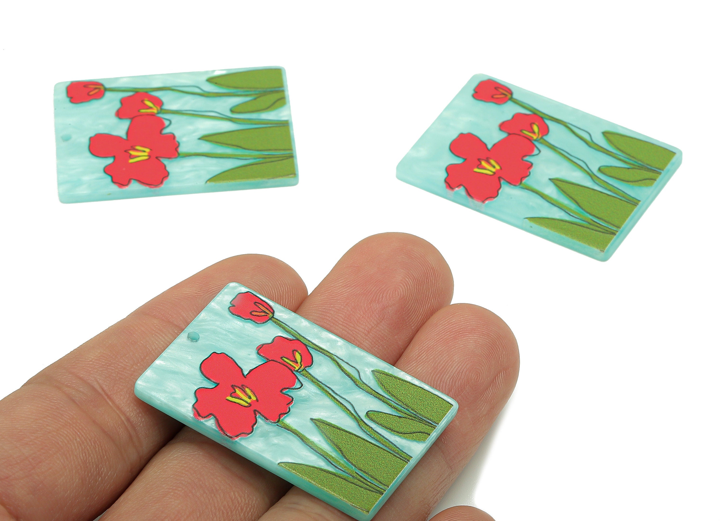 Acrylic Flower Rectangle Earring Charm - Blue Rectangle Earring - Pendant With Hole - Charm For Necklace - 37.5x26.7x2.5mm - AC2571A - DOMEDBAZAAR