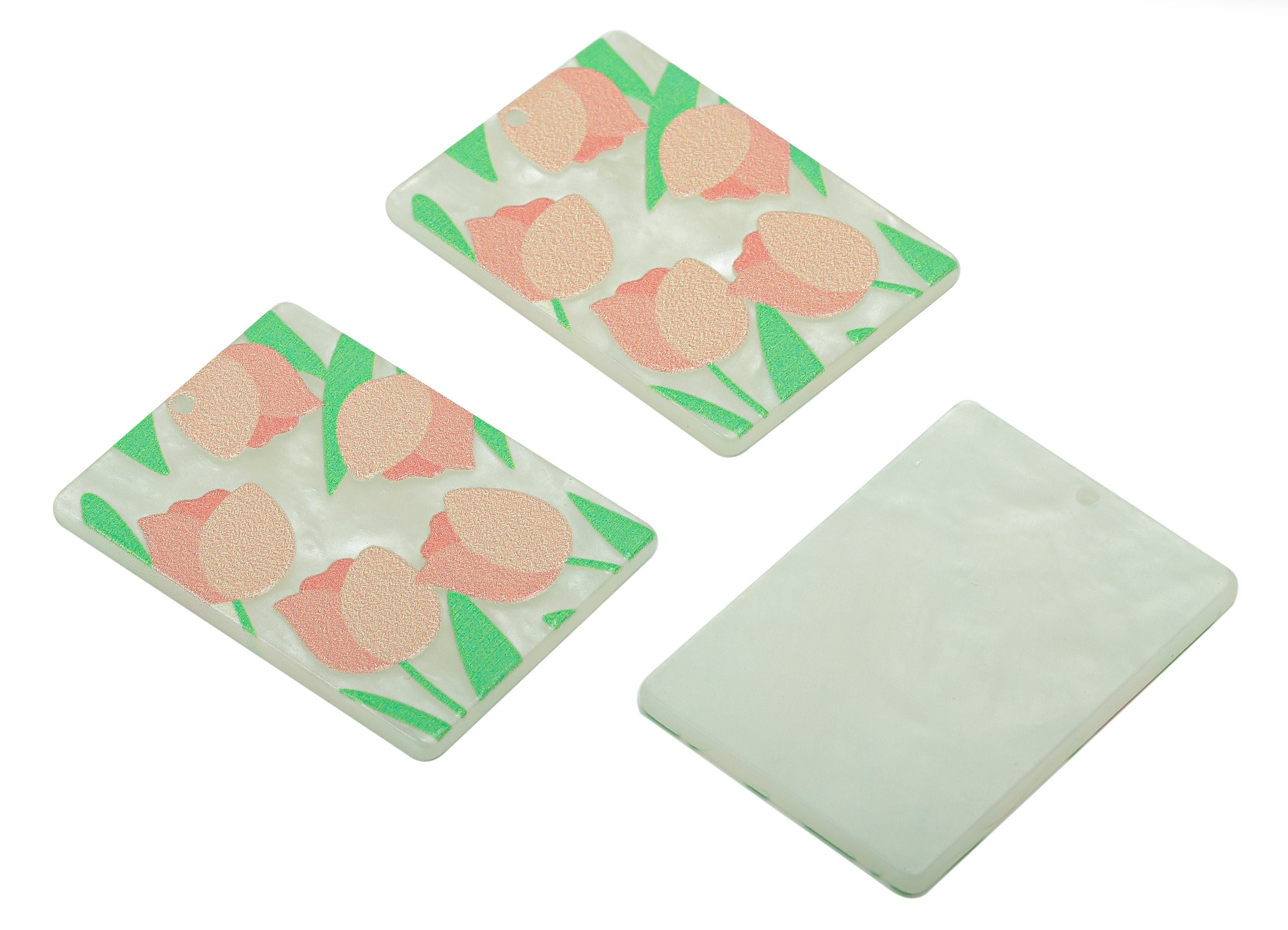 Acrylic Flower Rectangle Earring Charm - Pink Tulip Rectangle Earring - Pendant With Hole - Charm For Necklace - 37.5x26.7x2.5mm - AC2571B - DOMEDBAZAAR