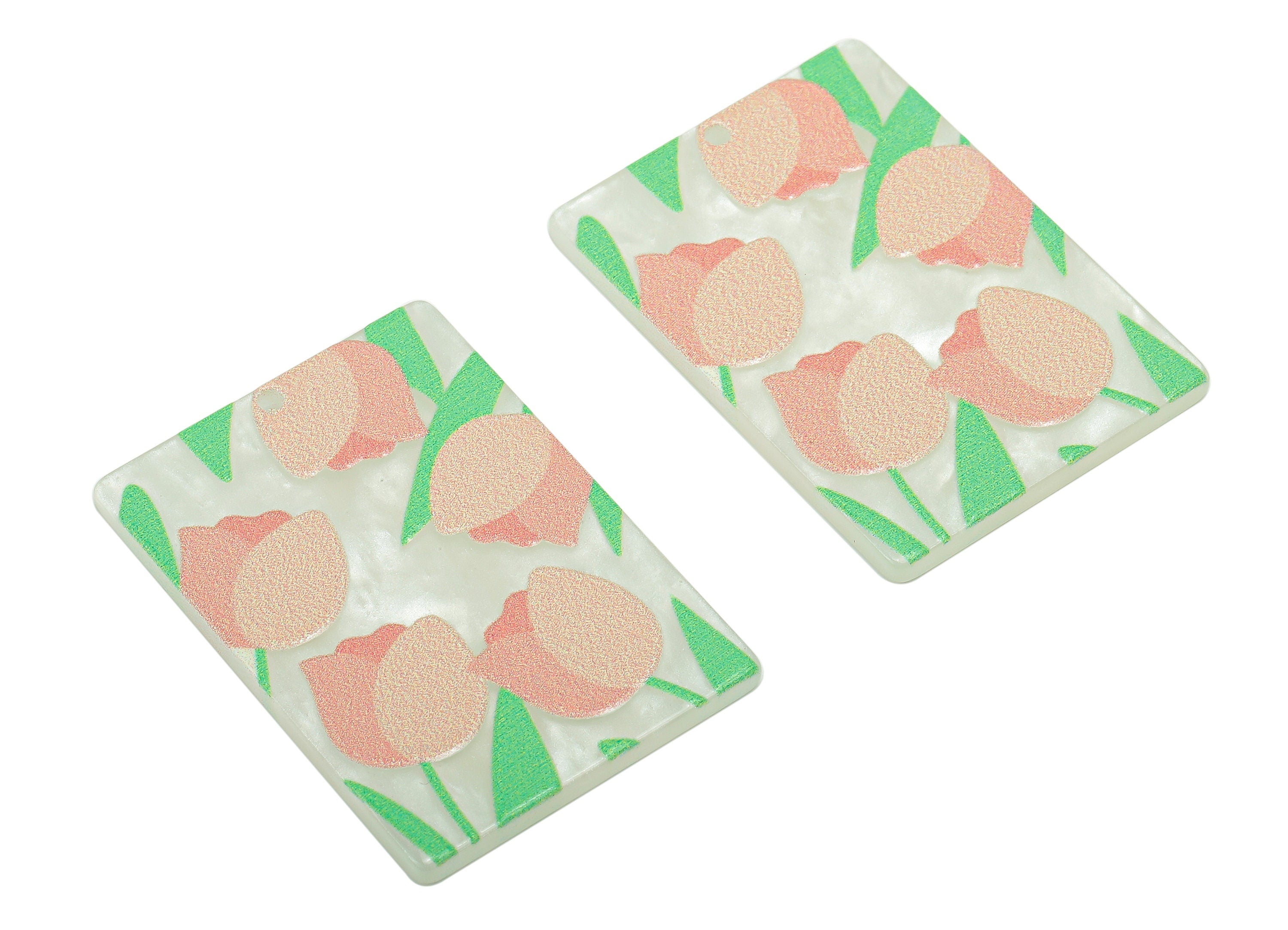 Acrylic Flower Rectangle Earring Charm - Pink Tulip Rectangle Earring - Pendant With Hole - Charm For Necklace - 37.5x26.7x2.5mm - AC2571B - DOMEDBAZAAR