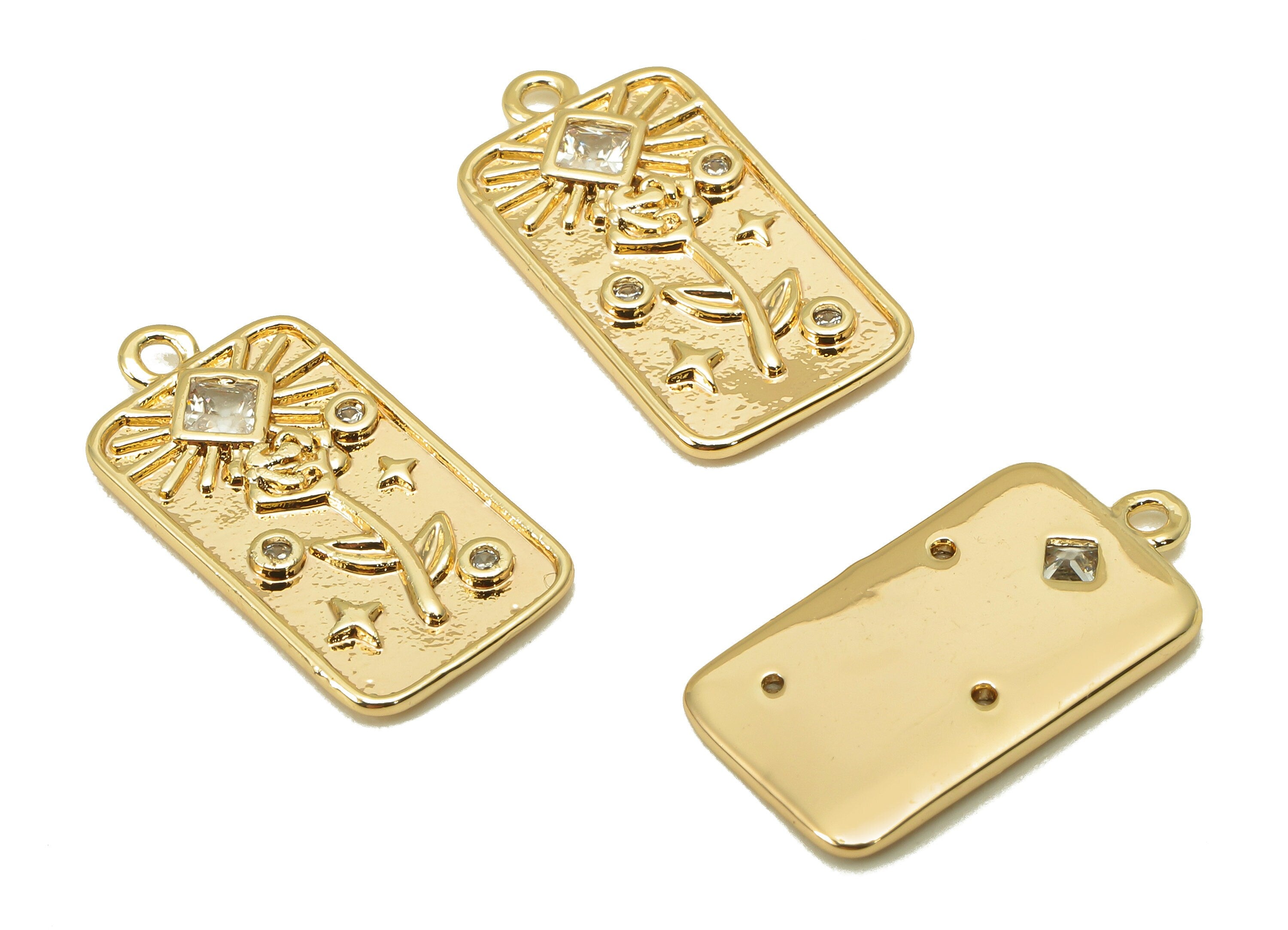 Brass Rose CZ Rectangle Earring Charm - Cubic Zirconia Sun Star Earring - Pendant With Loop - 18K Real Gold Plating - 19.2x9.9x1.6mm-RGP5802 - DOMEDBAZAAR