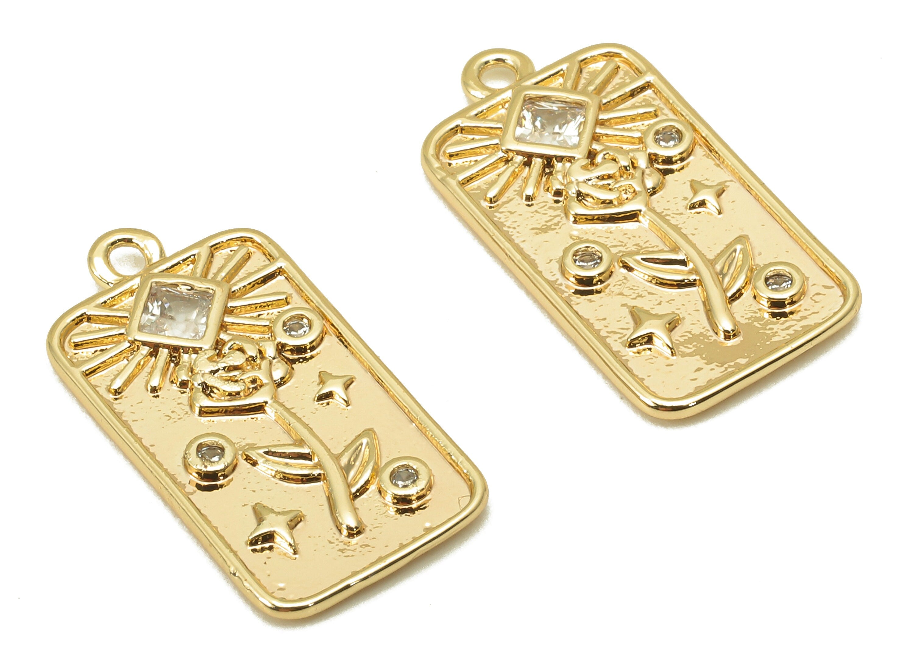 Brass Rose CZ Rectangle Earring Charm - Cubic Zirconia Sun Star Earring - Pendant With Loop - 18K Real Gold Plating - 19.2x9.9x1.6mm-RGP5802 - DOMEDBAZAAR